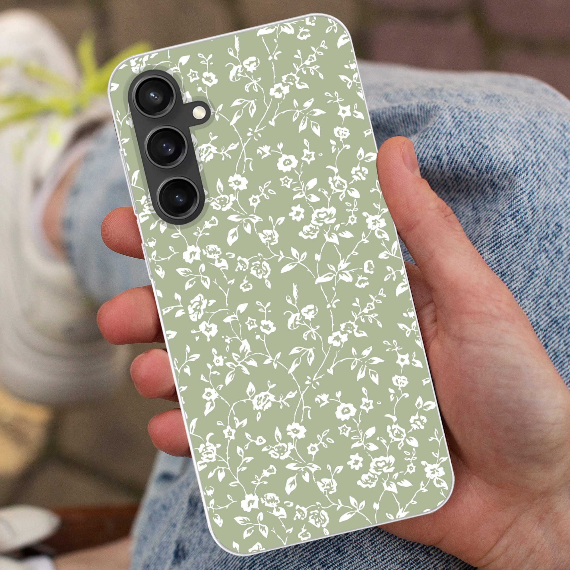 MuchoWow Handyhülle für Samsung Galaxy S23 FE Blumen - Druck - Grün - Weiß