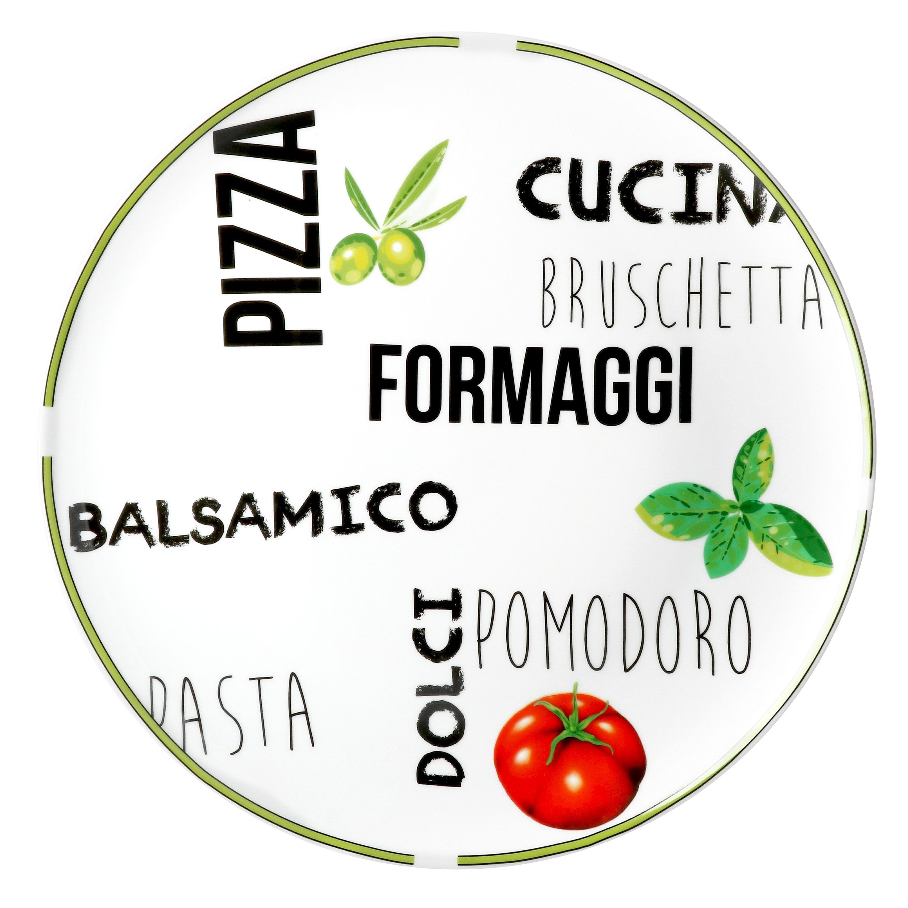 MamboCat Pizzateller 2er Set Pizzateller Tomate Weiß mit Dekor Ø 31cm - 1x Grün & 1x Rot