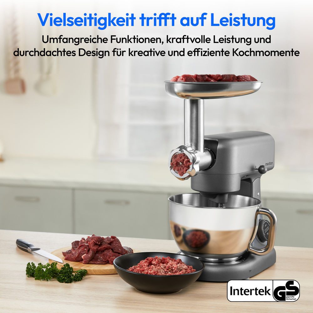 Medion® Küchenmaschine MD12600, Ultraleiser 800 W Gleichstrom-Motor, 800 W, 4,7 l Schüssel, Mit umfangreichem Zubehör-Set, Fleischwolf-Aufsatz, Gemüsereibe