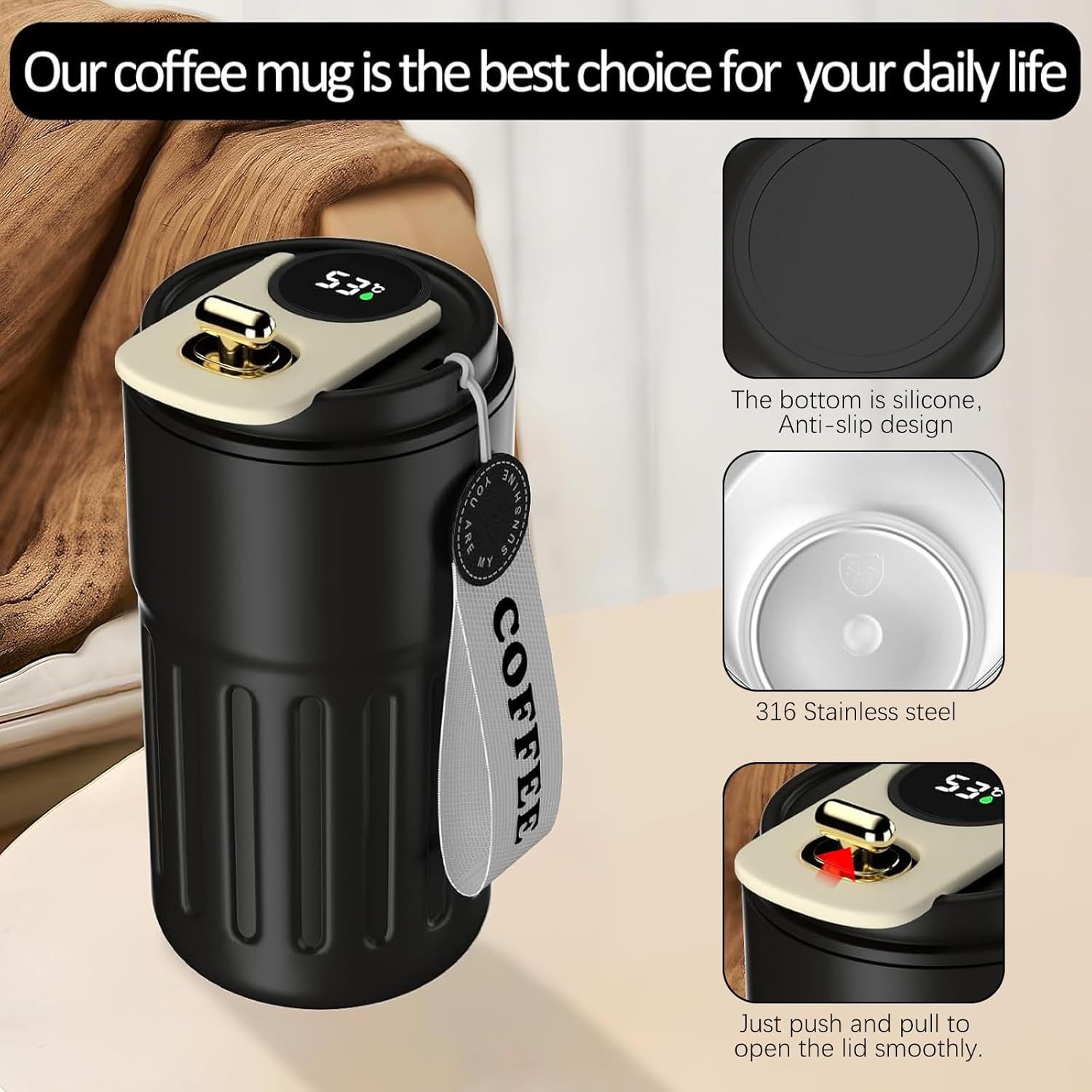 EXTSUD Thermobecher 410ml 316 Edelstahl Kaffeebecher, Digitalanzeige Thermobecher, 316-Edelstahl und Keramik, Travel Coffee Mug, Isolierter auslaufsicher Termokaffeebecher