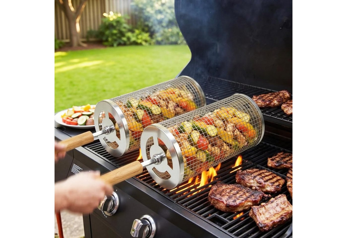 FOUORTUNATE-BEE Grillbesteck-Set 2er Set Edelstahl Rollendes Grillkorb mit Abnehmbarer Holzgriff, (Grillnetzrohr für Den Außengrill, Grillkorb Edelstahl Zylindrisch, Grill Zubehör)