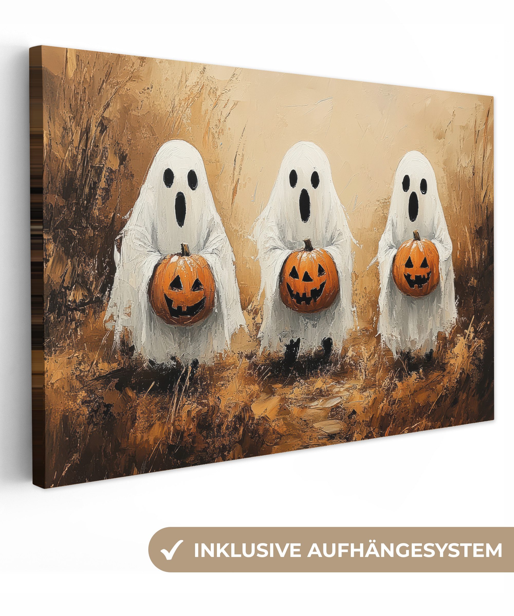 OneMillionCanvasses® Leinwandbild Halloween - Kürbis - Geist - Herbst, Fotodruck (1 St), Leinwand Bilder Klein, Wand Dekoration Aesthetic 30x20 cm