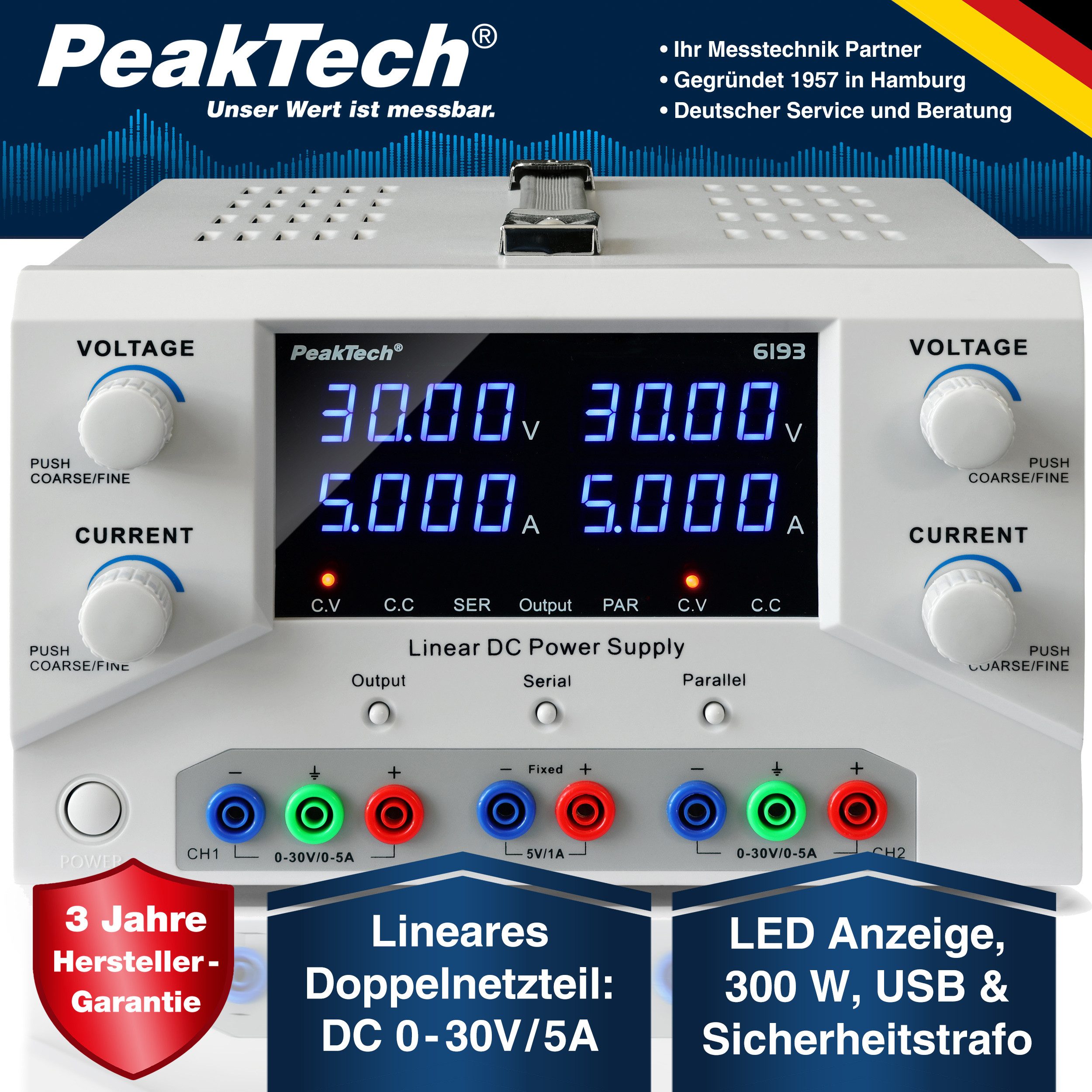 PeakTech 30 V 5 A DC Labornetzteil 2×0–30 V/0–5 A SELV, linear Labor-Netzteil