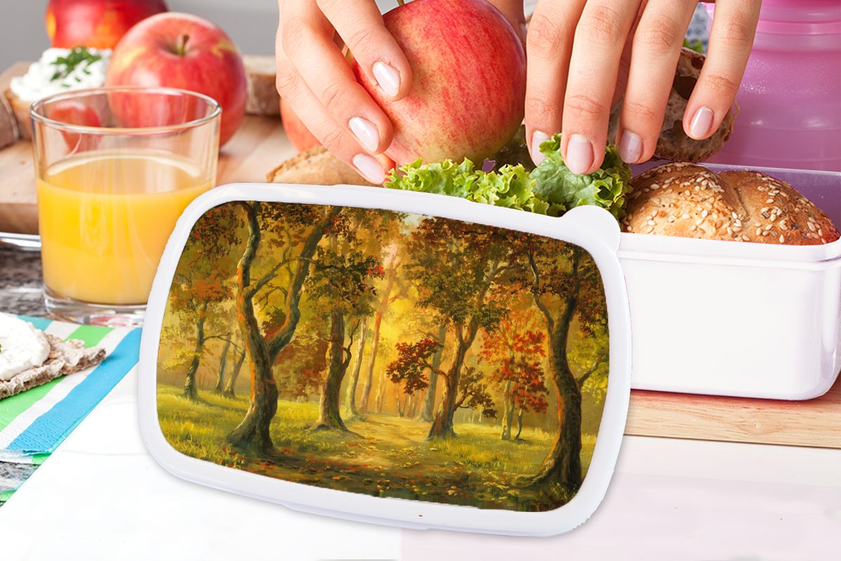 Brotbox (2-tlg), der MuchoWow und Waldes eines Illustration weiß für Lunchbox Mädchen Erwachsene, Kinder Herbstsonne, in Eine und Jungs Kunststoff, Brotdose, für