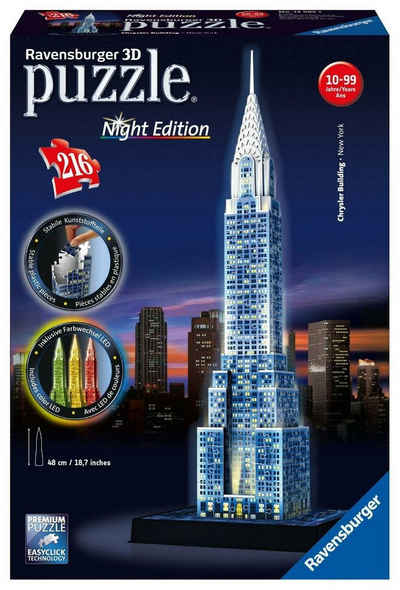 Ravensburger Puzzle Chrysler Building bei Nacht.Night Edition 3-D Puzzle 216 Teile, 216 Puzzleteile