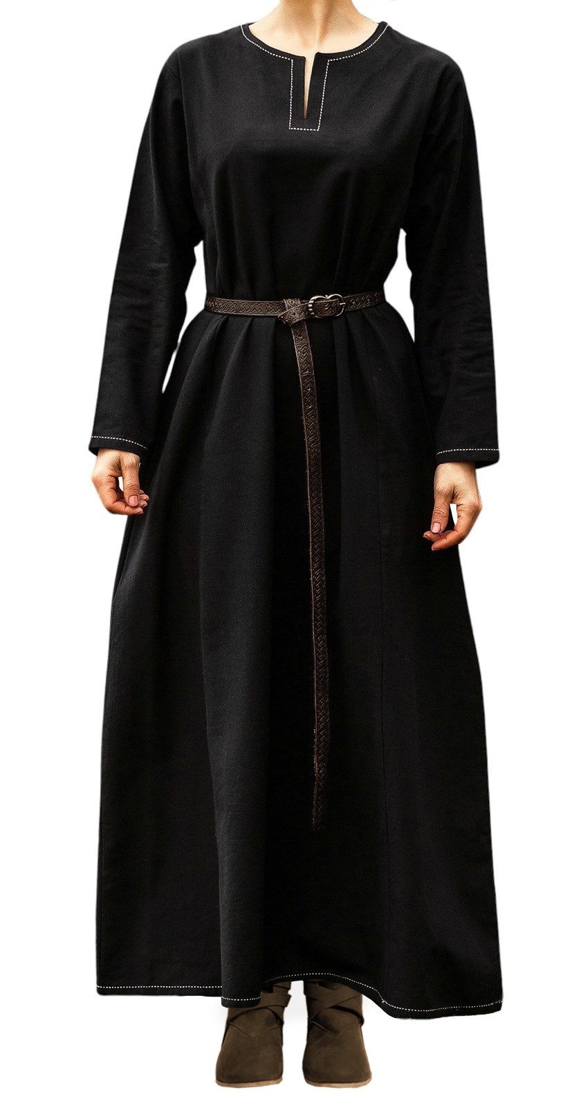 Leonardo Carbone Wikinger-Kostüm Unterkleid "Helga" mit V-Schlitz, kunstvolle Ziernähte, hochwertige Baumwolle
