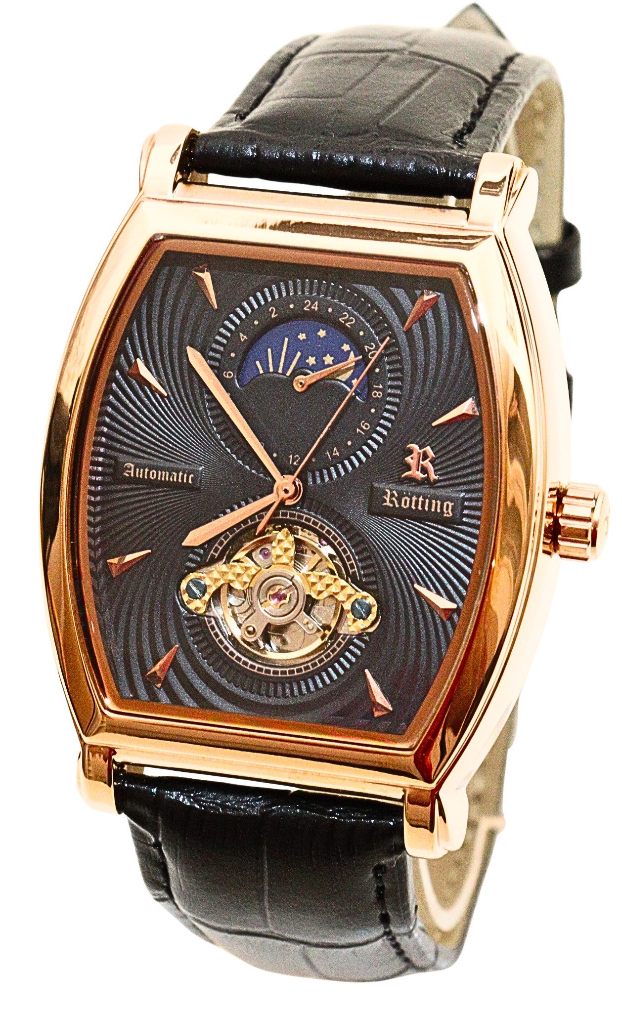 Rötting Design Automatikuhr Herrenuhr Tag/Nacht Phase offene Unruhe schwarzes Ziffernblatt, goldrosefarbenes Gehäuse – Bild 4 von 5