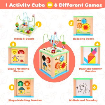 Arkmiido Lernspielzeug 7-in-1 Aktivitätswürfel aus Holz (Set, Aktivitätszentrum mit Zeichentafel, Magnetpuzzle, Perlenwickelspiel), Multifunktional Holzspielzeug Kinderspielzeug für Kinder ab 18 Monaten
