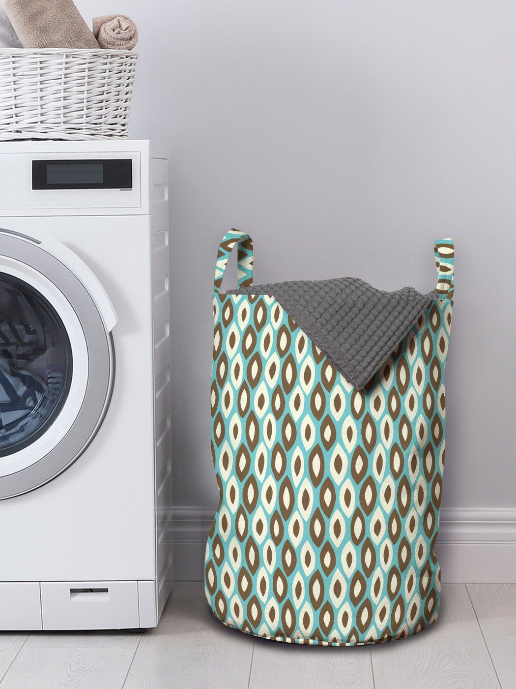 Waschsalons, Abakuhaus Kordelzugverschluss für Retro mit Wäschesäckchen Simplistic Griffen Formen ovale Wäschekorb