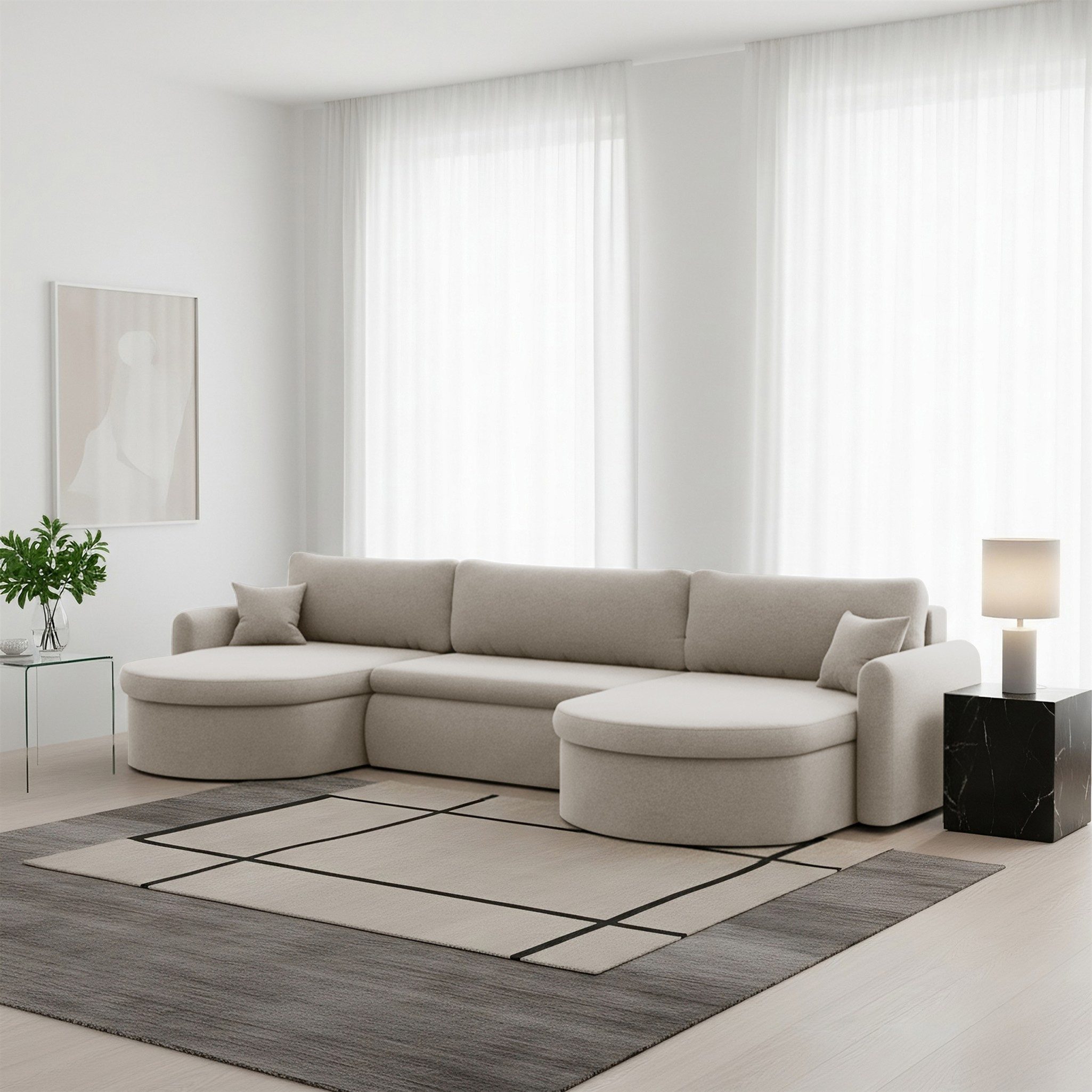 Fun Möbel Wohnlandschaft Sofa mit Schlaffunktion FELIZ, Rundumbezug, Inkl. Bettkasten und Zierkissen