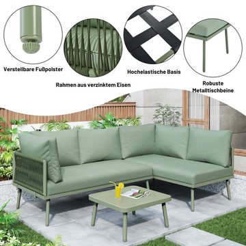 PFCTART Gartenlounge-Set Gartenmöbel-Set aus grünem Seil, L-förmiges Gartenmöbel-Set, mit Sitzkissen, verstellbaren Füßen