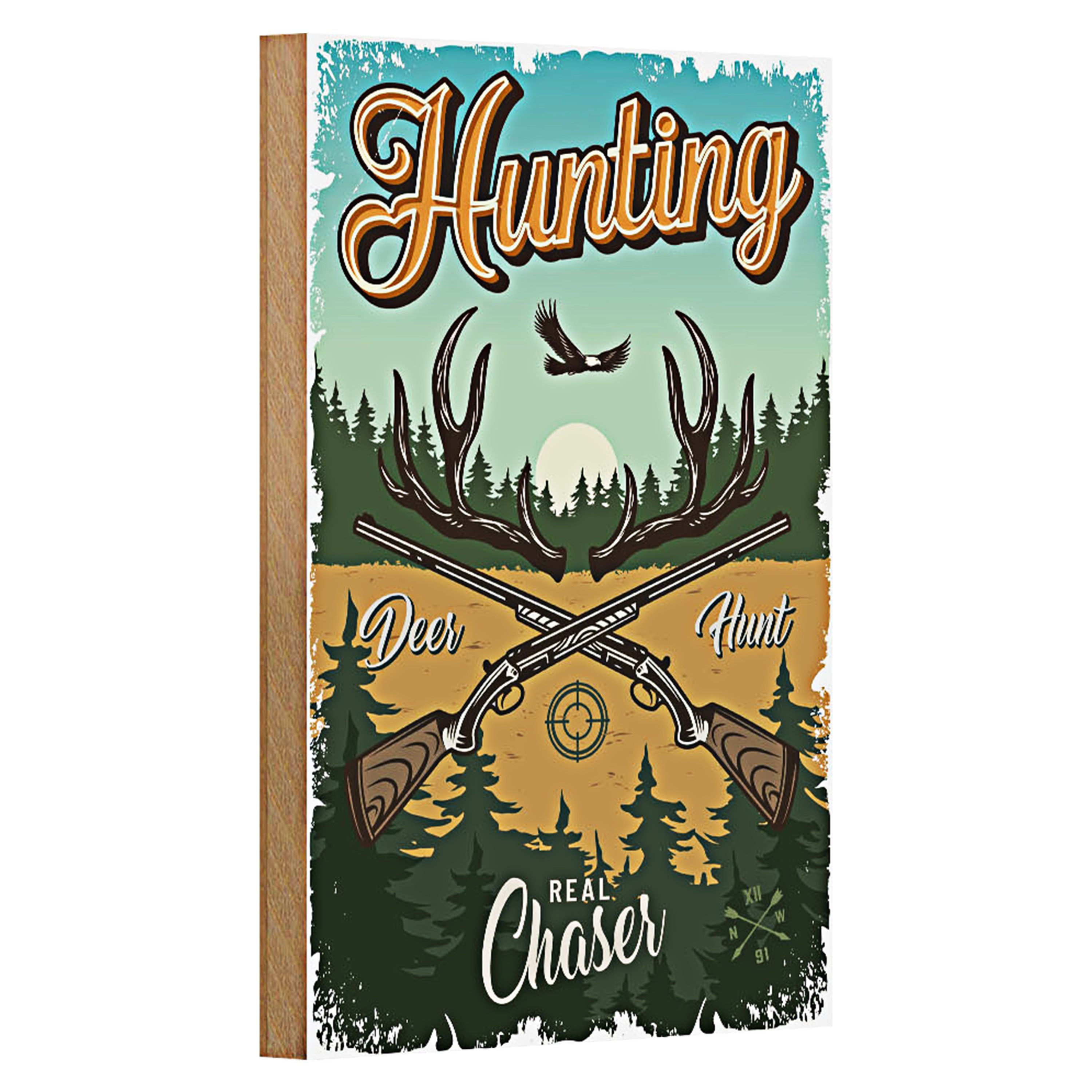 Roomando Holzbild Jagd 12x18cm Hunting deer hunt Abenteuer