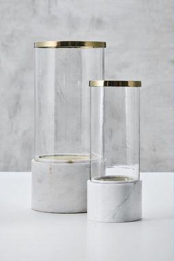 carla&marge Windlicht Laniala (großer Kerzenständer (Höhe ca. 28 cm), rund), Fuß aus Marmor, Glas und Akzentrand in Gold