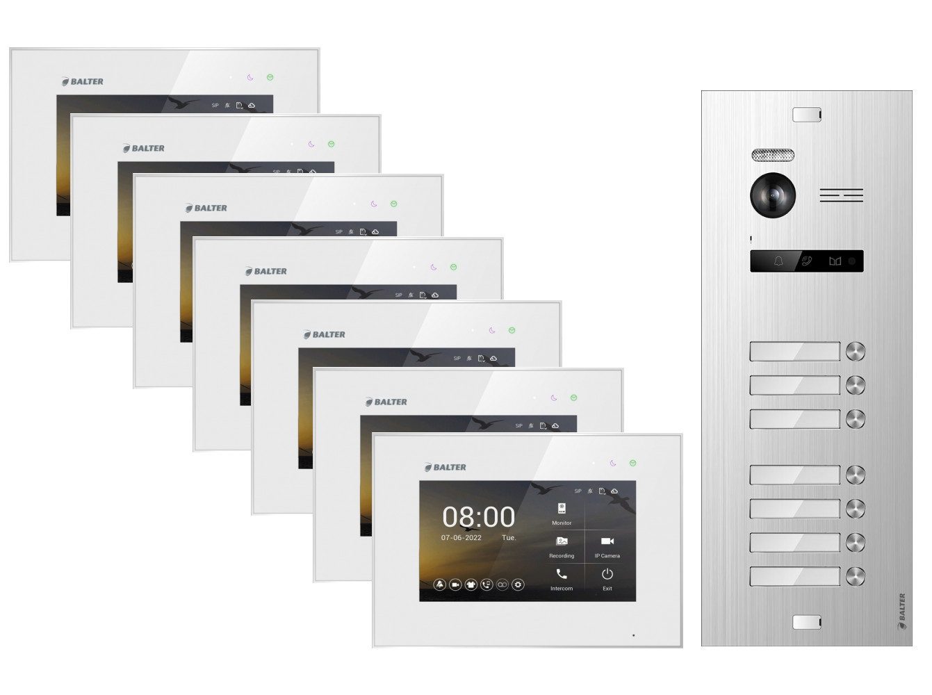 Balter Video-Türsprechanlage EVO-HD Komplettset 7-Familie Silber 7x 7" Monitor Weiß (Set, 7-Familienhaus, Komplettset, FullHD Kamera)
