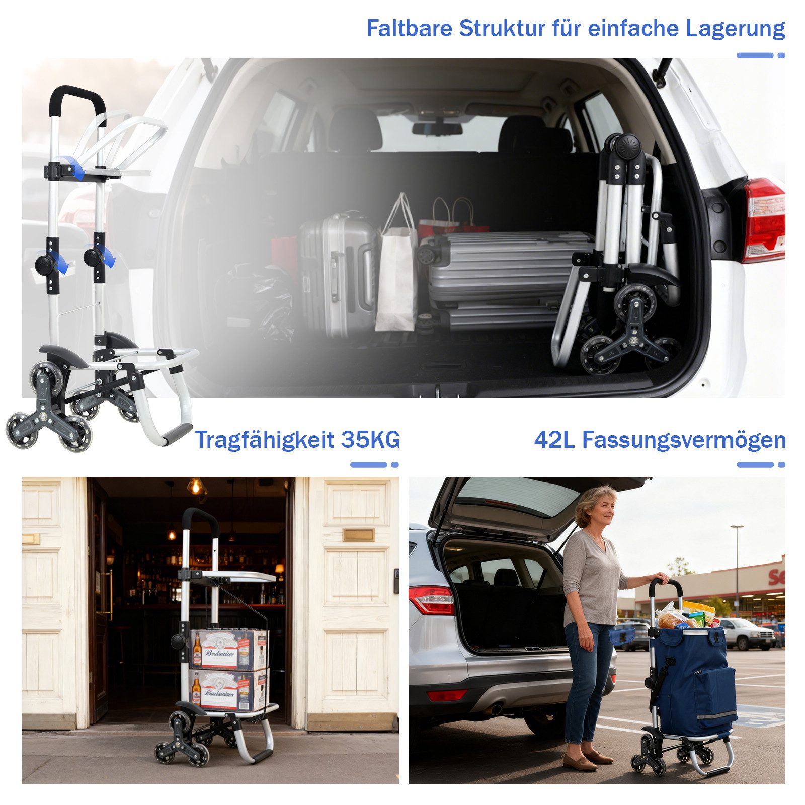 Sekey Einkaufstrolley Klappbarer Einkaufswagen mit Kühlfach, Treppensteiger Trolley 3 in 1, Faltbarer Einkaufswagen inkl. Einkaufschip und Spanngurt