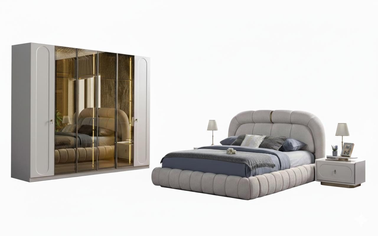 JVmoebel Schlafzimmer-Set Schlafzimmer Set Modern Weiß Bett Nachttische Kleiderschrank Elegant, (3-tlg)