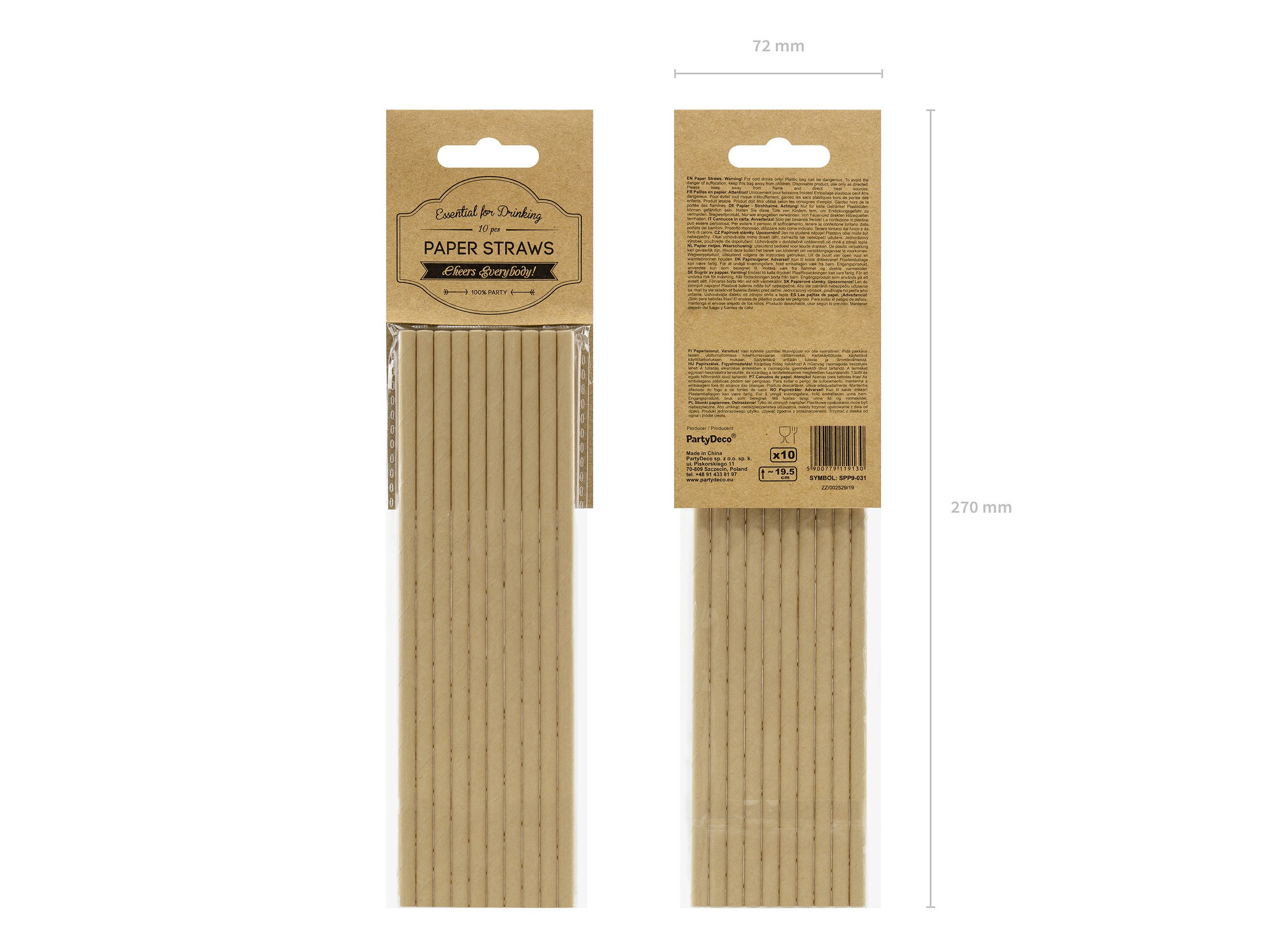 partydeco Papierdekoration, Papierstrohhalme 19,5cm biologisch abbaubar 10er Set Naturbraun