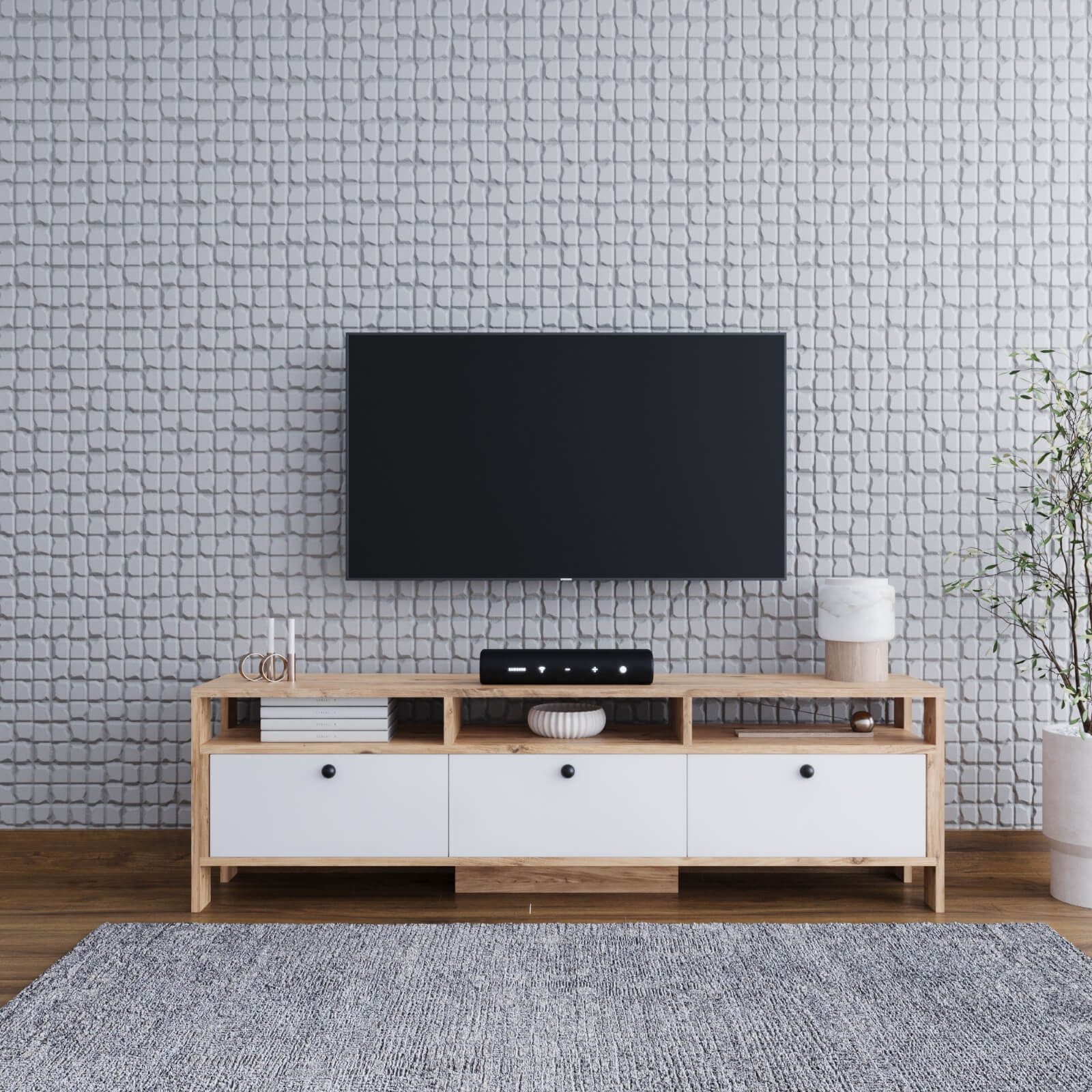 BDR Smart Home Art Lowboard Ibiza TV Board 3 Türen mit Regalen Atlantic Pine & Weiß