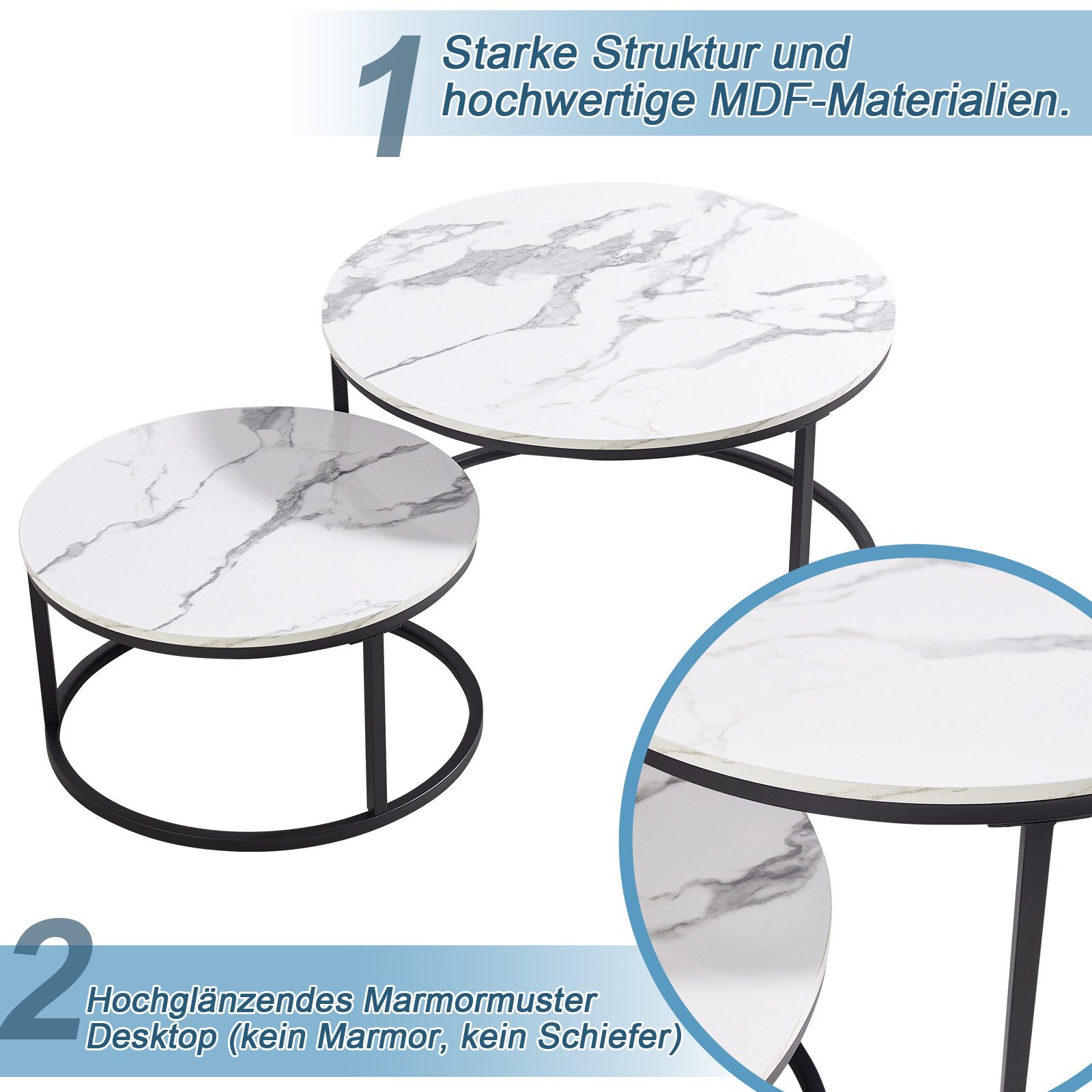 REDOM Couchtisch Satz Marmor Furnier Sofa Seite Nest von Tischen Runde Endtische (2-St), Ideal für Wohnzimmer & Büro, Platzsparendes stapelbares Design