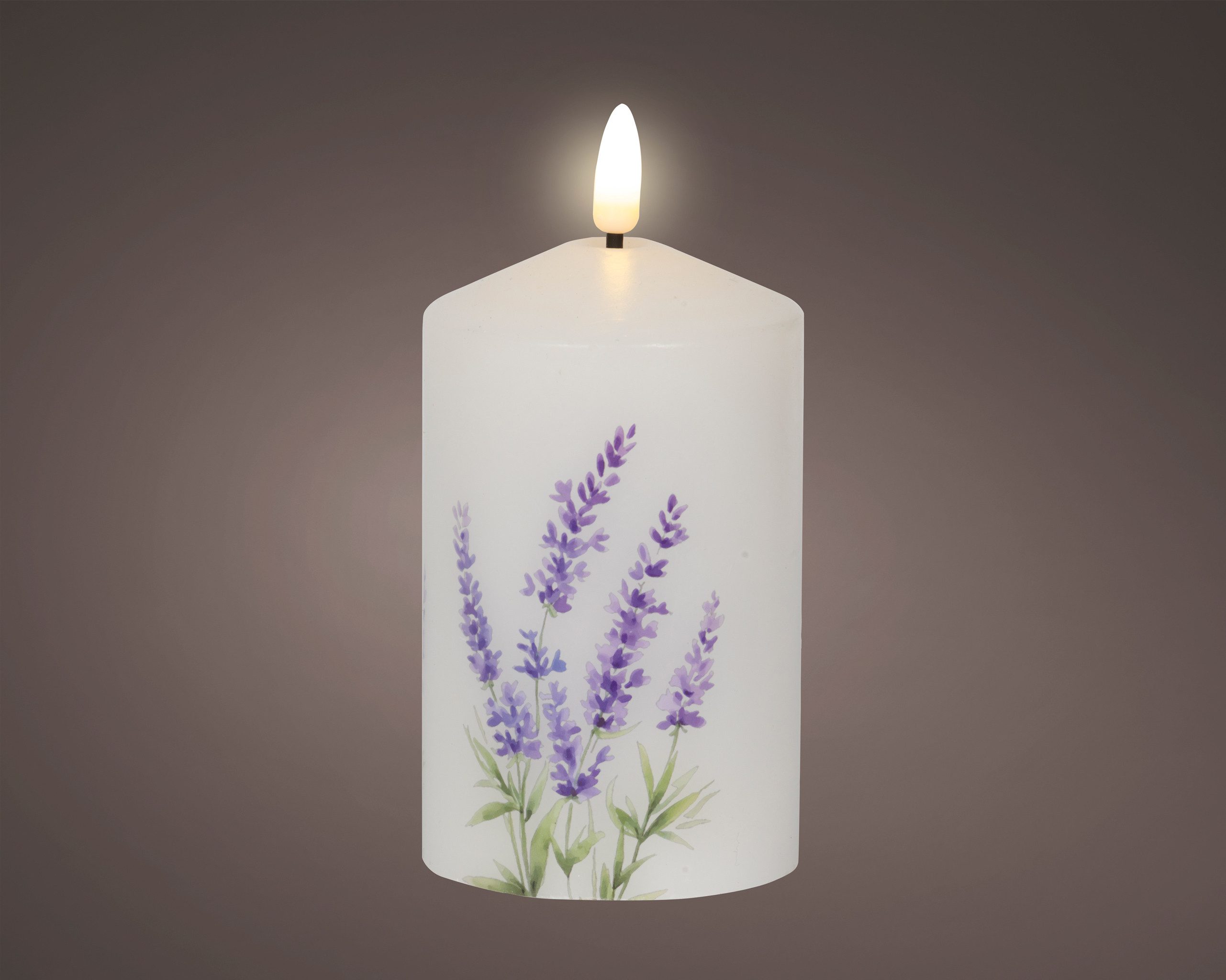 Lumineo LED-Kerze, Dauerlicht, warmweiß, LED Kerze 7x14,5cm Lavendel Motiv Wachs Batterie Weiß