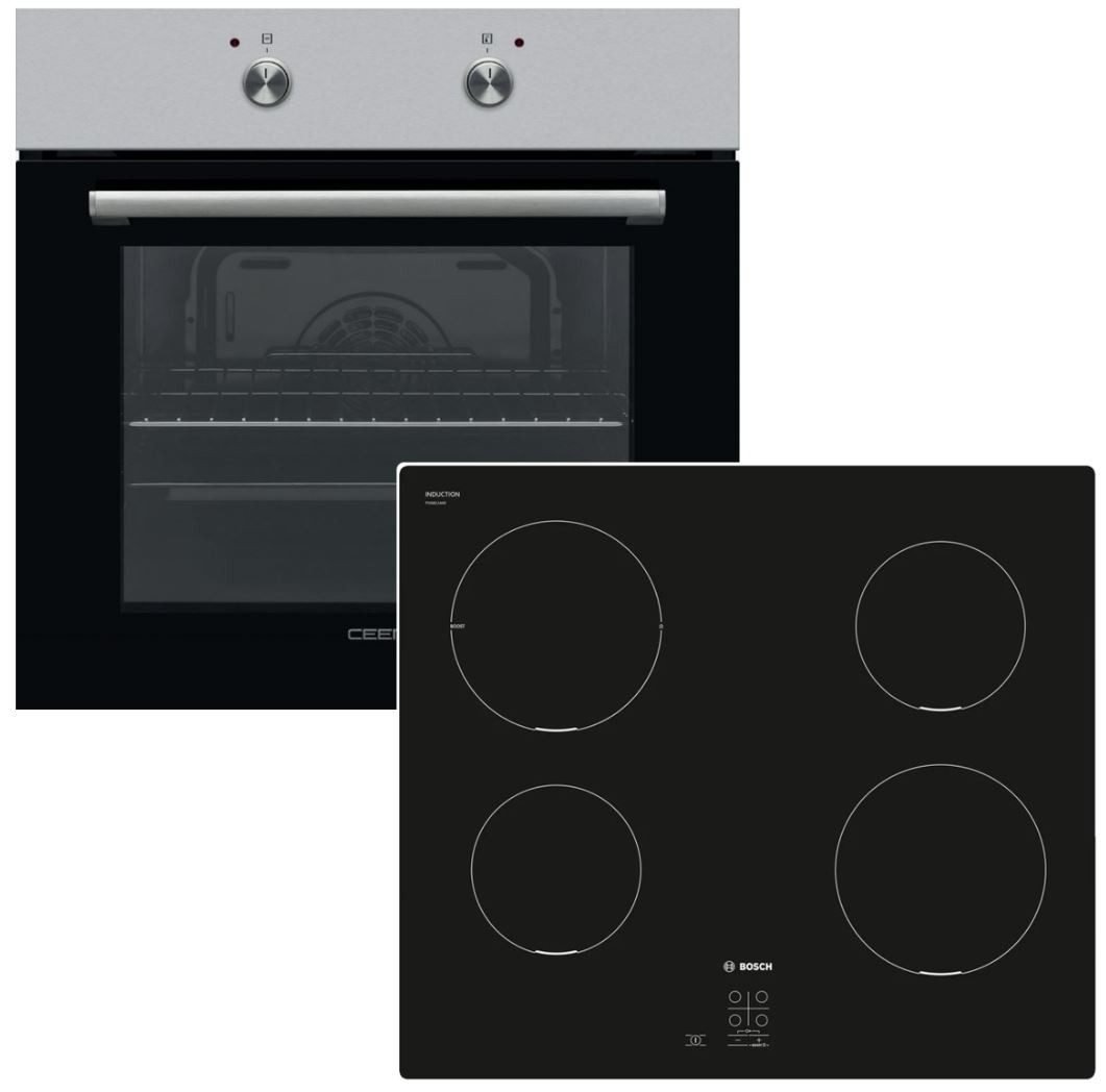 VESTEL Backofen-Set Edelstahl Pizzastufe + Bosch Induktionskochfeld QuickStart autark 60cm