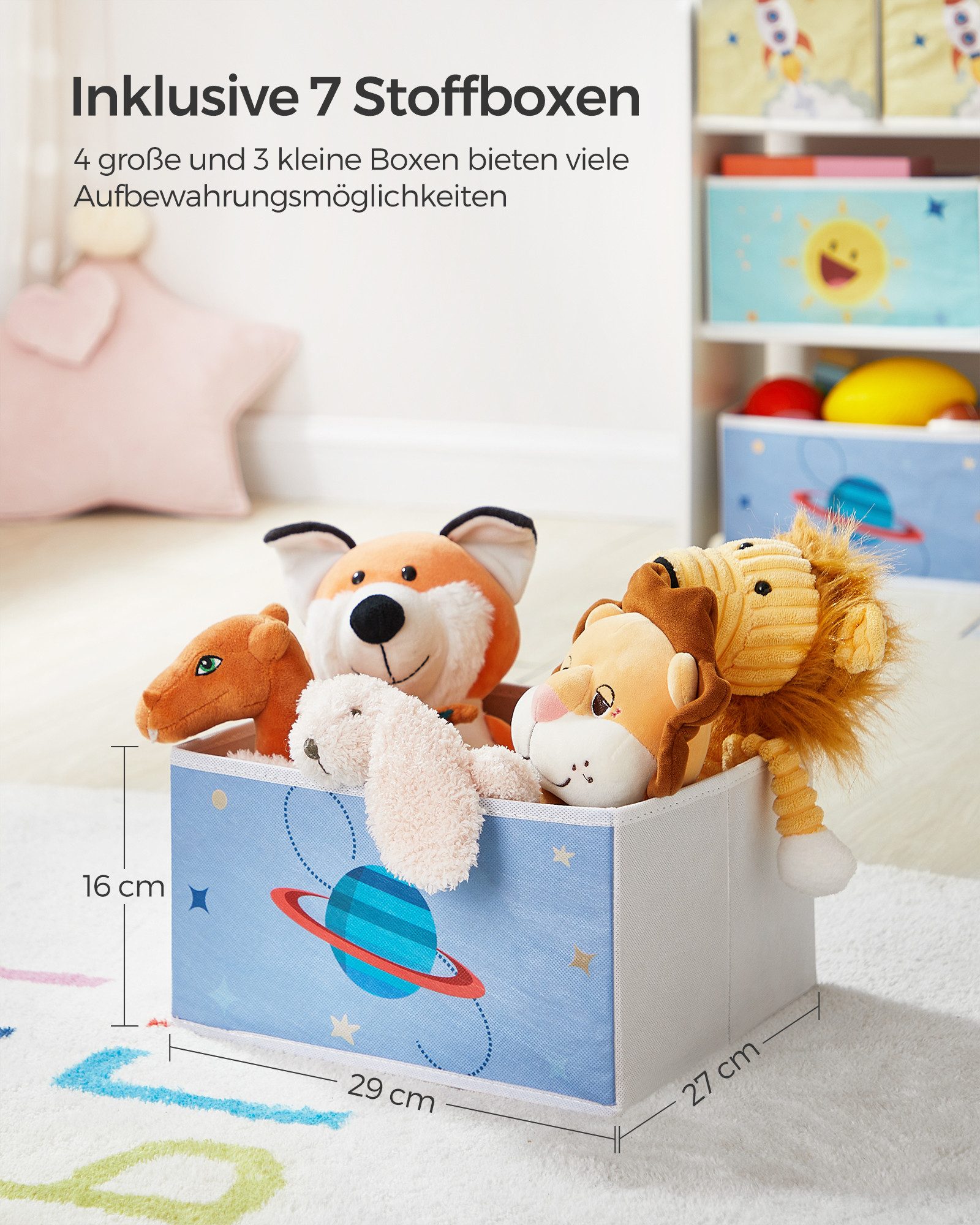 SONGMICS Spielzeugtruhe Kinderregal Bücherregal Kinder, mit 7 Aufbewahrungsboxen aus Vliesstoff, mit Kippschutz