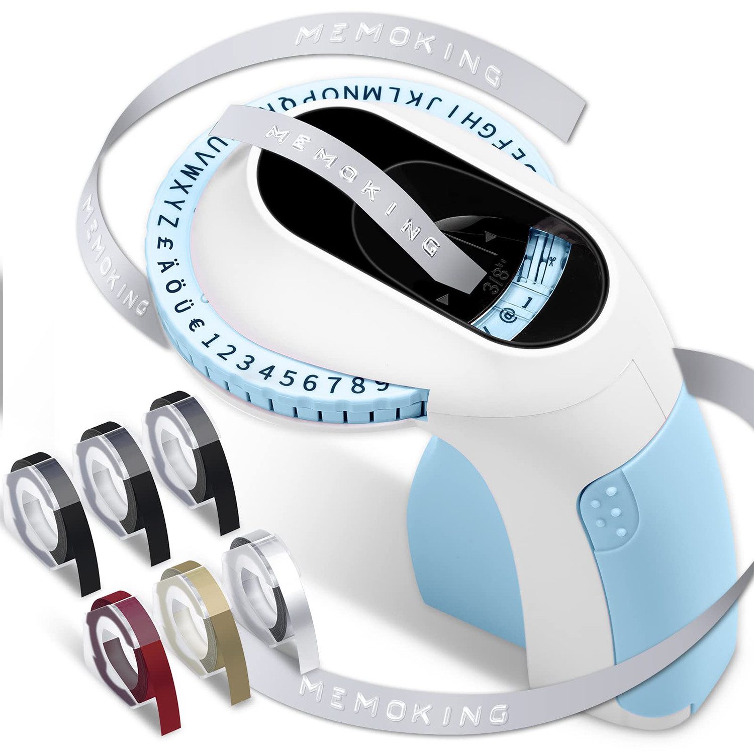 MOPUEA Tragbarer Etikettendrucker, 6-Rollen-Material, 3D-Druck, Handheld Etikettendrucker, (3D-Etiketten, wasserfest, einfach zu bedienen, „drehen und klicken)