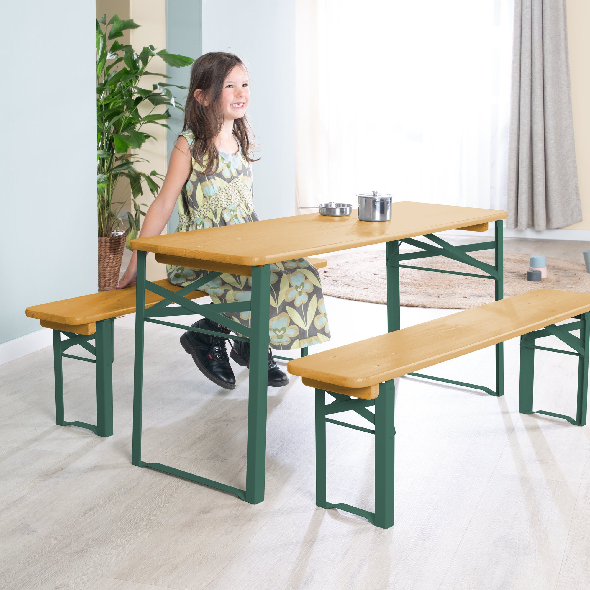 roba® Kindersitzgruppe Kinderparty-Garnitur - 2 Bänke + 1 Kindertisch, Klappbare Sitzgarnitur aus FSC zertifiziertem Holz - Innen & Außen
