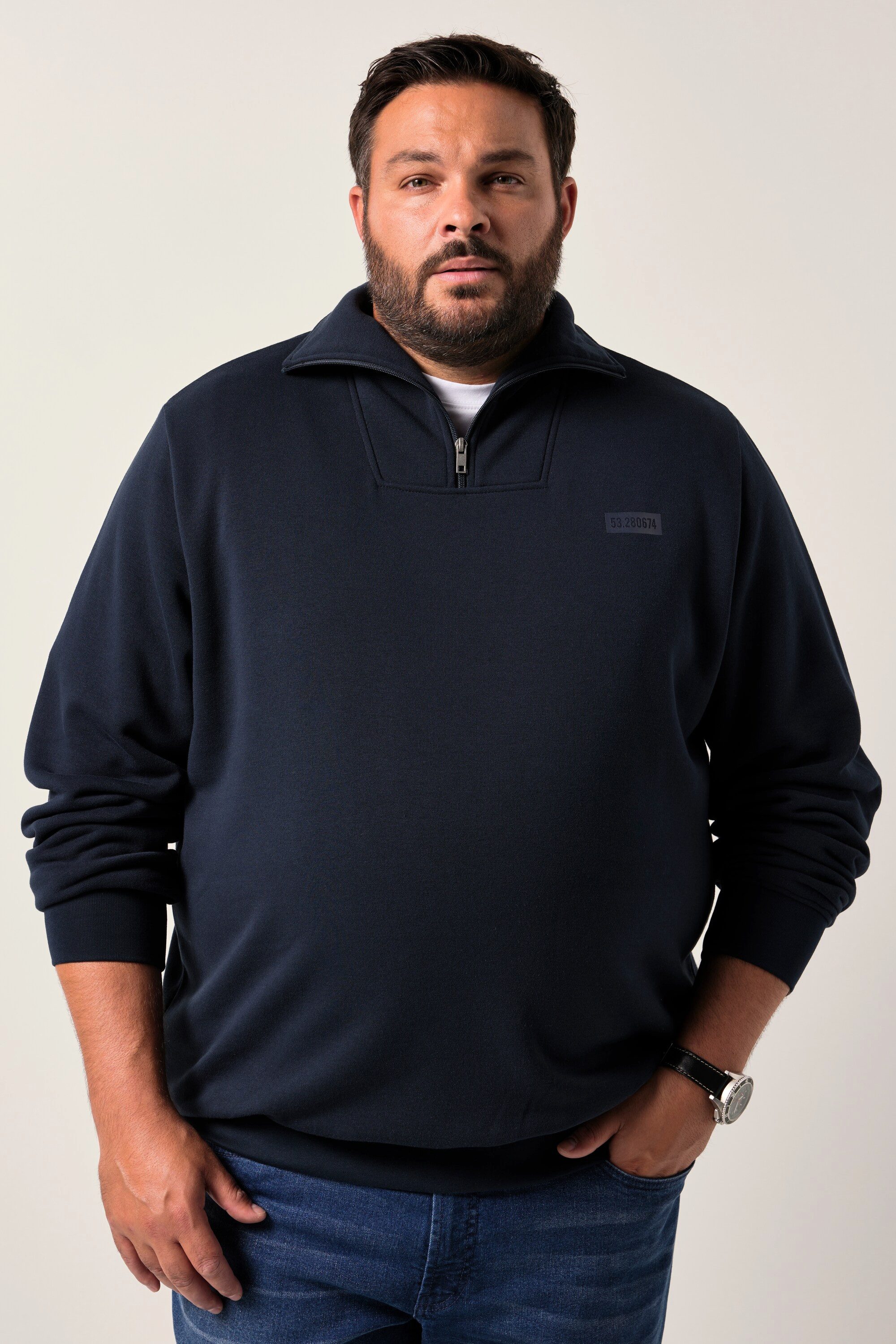 Men Plus Sweatshirt Men+ Troyer Sweat Brustprint Zippkragen bis 8 XL günstig online kaufen