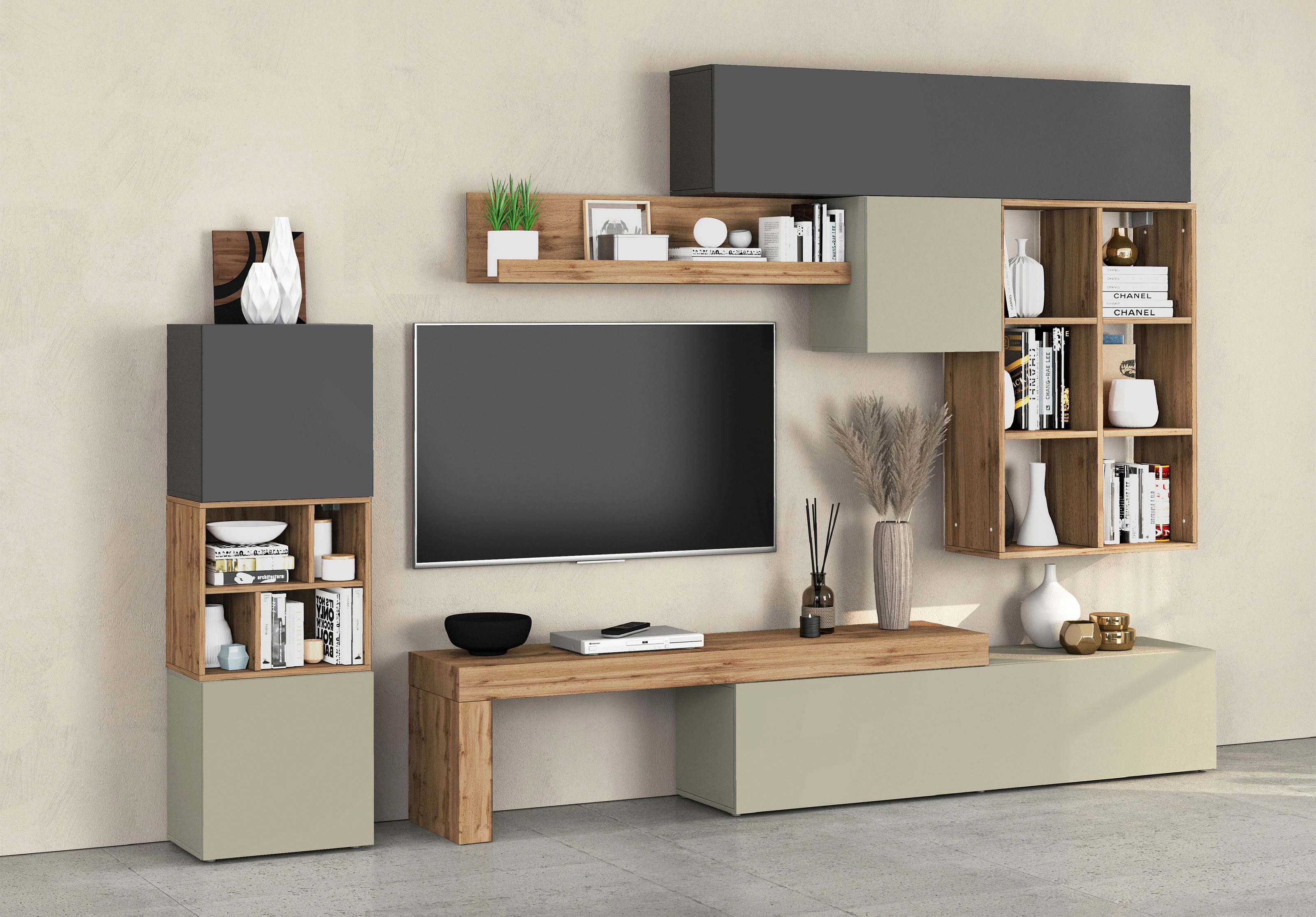 OTTO home Wohnwand Chronos Wohnwand, Medienwand, 8-er set, (Set, 8-St), ca. 320 cm mit Hängeschränke, Würfel, Regal, Lowboard, Made in Italy