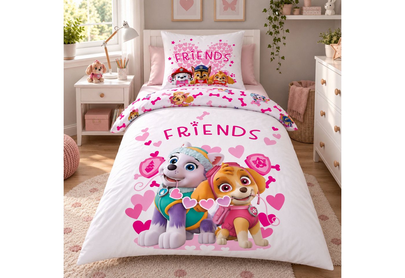 Familando Kinderbettwäsche Paw Patrol 135x200 80x80 cm "Friends" mit Skye und Everest, Renforcé, 2 teilig, mit liebevollem Motiv für Mädchen