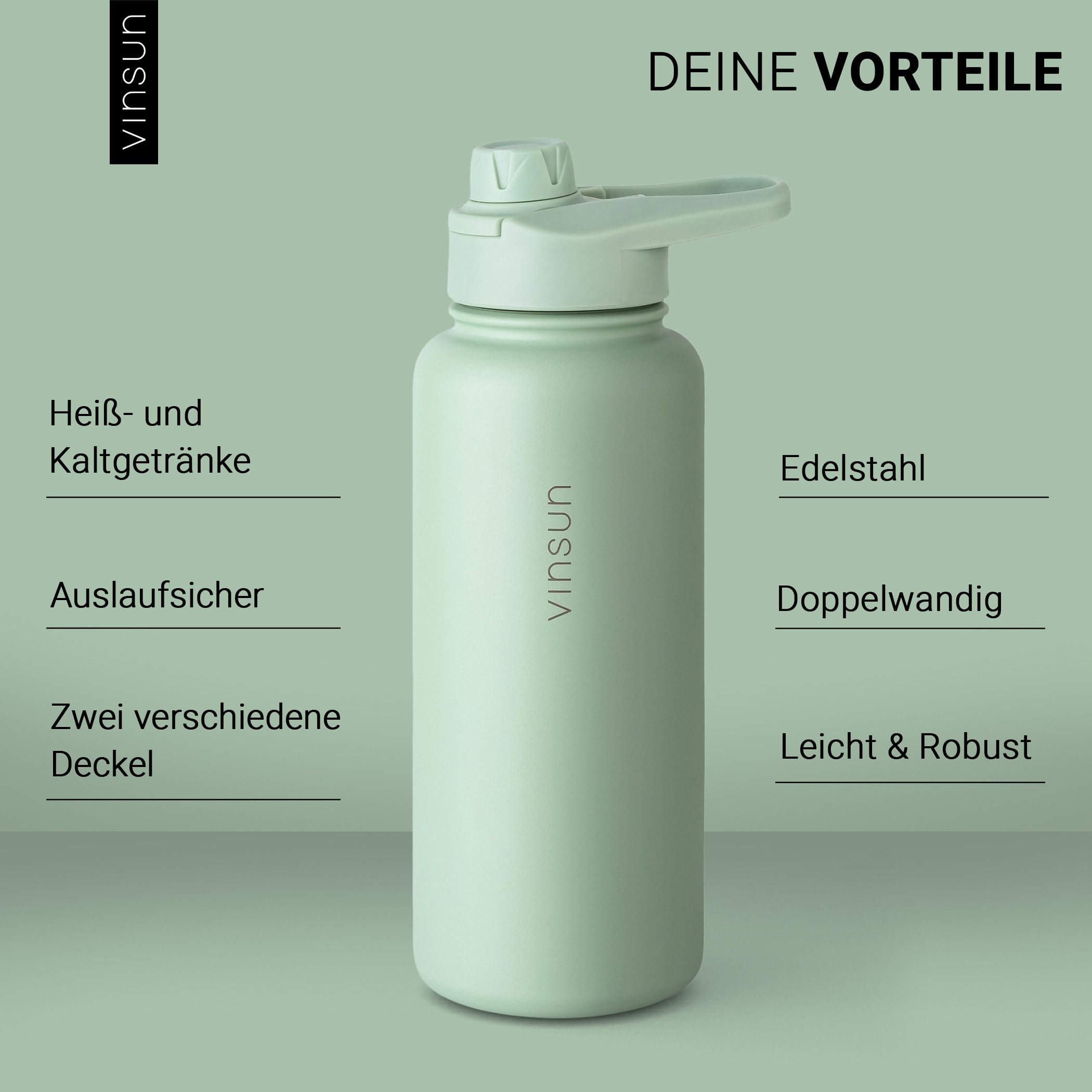 Vinsun Isolierflasche Edelstahl Trinkflasche 750ml Strohhalm - 2 Deckel Thermoflasche, BPA frei, doppelwandig, auslaufsicher, bruchsicher, geruchsneutral – Bild 2 von 5