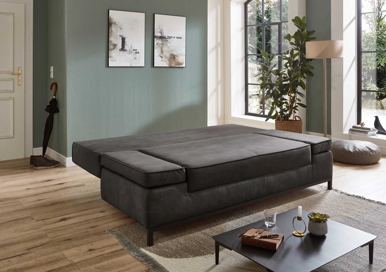 Sofa JARNY, Stoffbezug, Anthrazit, Schlaffunktion, mit Bettkasten und Kissen