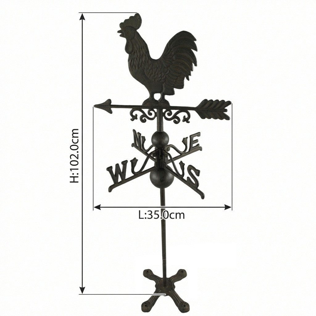 Antikas Windspiel Wetterhahn Gusseisen mit Windrose, braun patiniert, H.102 cm