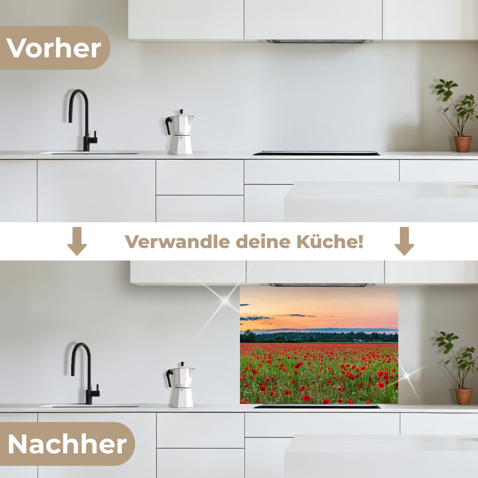 KitchenYeah Küchenrückwand selbstklebend Mohnblumen - Landschaft - Rot - Blumen, (1-tlg), Spritzschutz, Küche, Rückwand, Küchenwand, Küchenfront, 80x60 cm