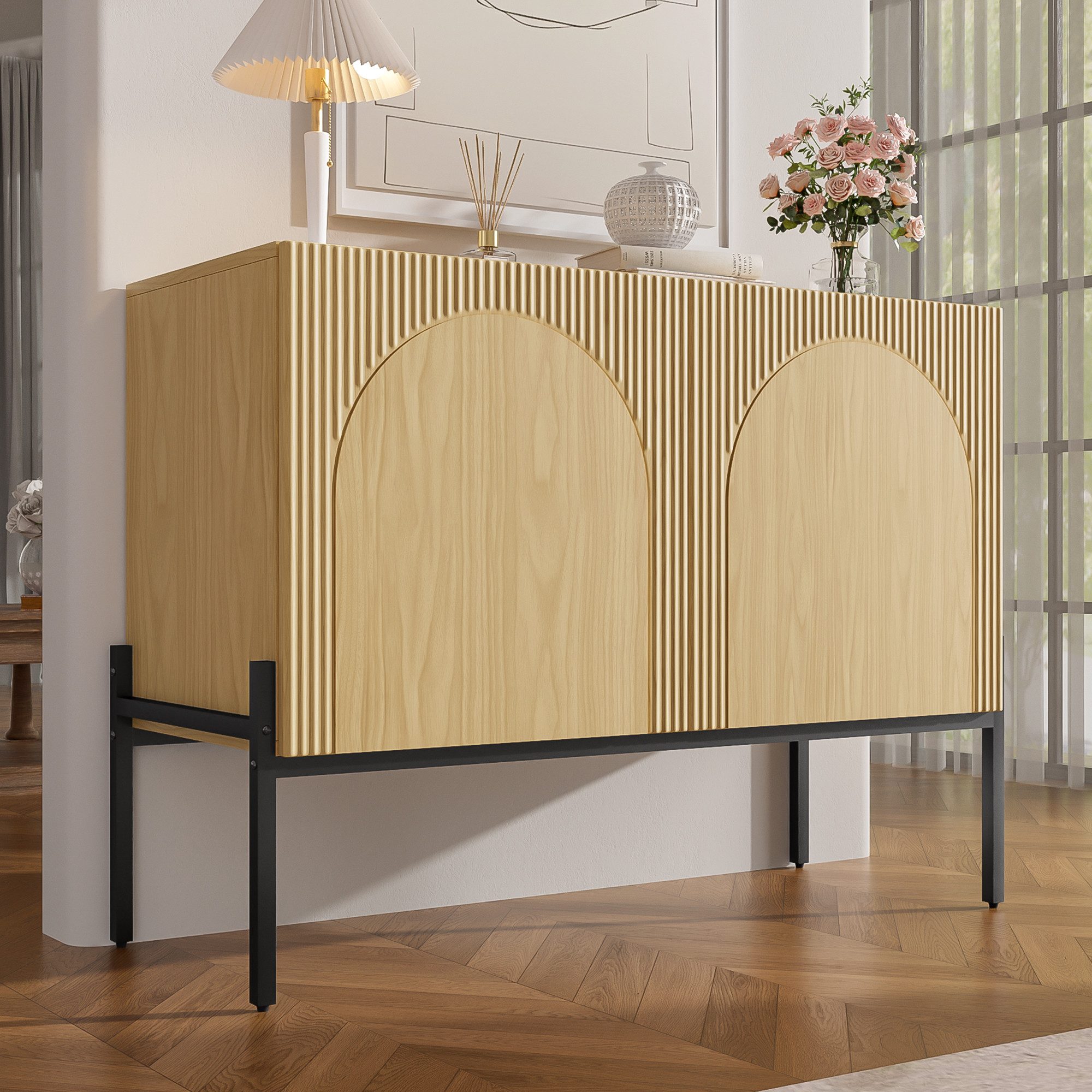 Flieks Sideboard mit 2 Türen, verstellbarer Einlegeböden und Metallbeinen (100x40x75 cm, 1 St., Schrank für Wohnzimmer, Esszimmer, Schlafzimmer), Kommode Mehrzweckschrank Multifunktionsschrank Holzoptik Natur