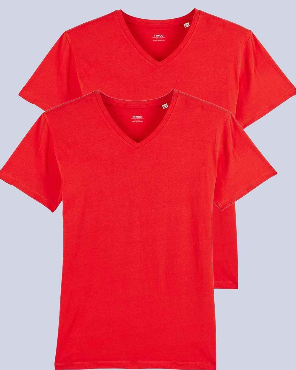 YTWOO T-Shirt 2er Pack V T-Shirt für Männer, Fair & Nachhaltig (Spar-Set, 2er Set) Rot