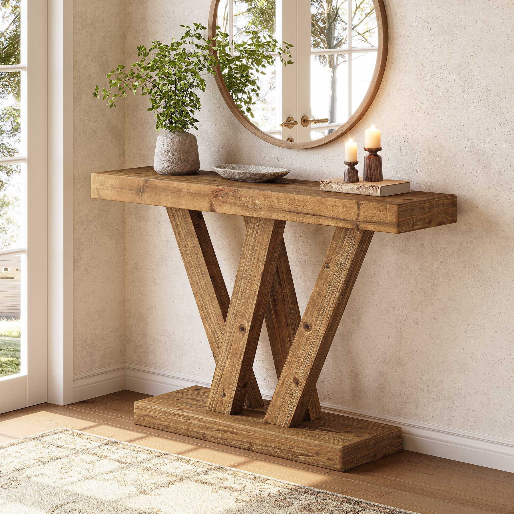 Tribesigns Konsolentisch Massivholz-Konsolentisch, 120 cm Eingang Sofatisch mit Doppel V-Form