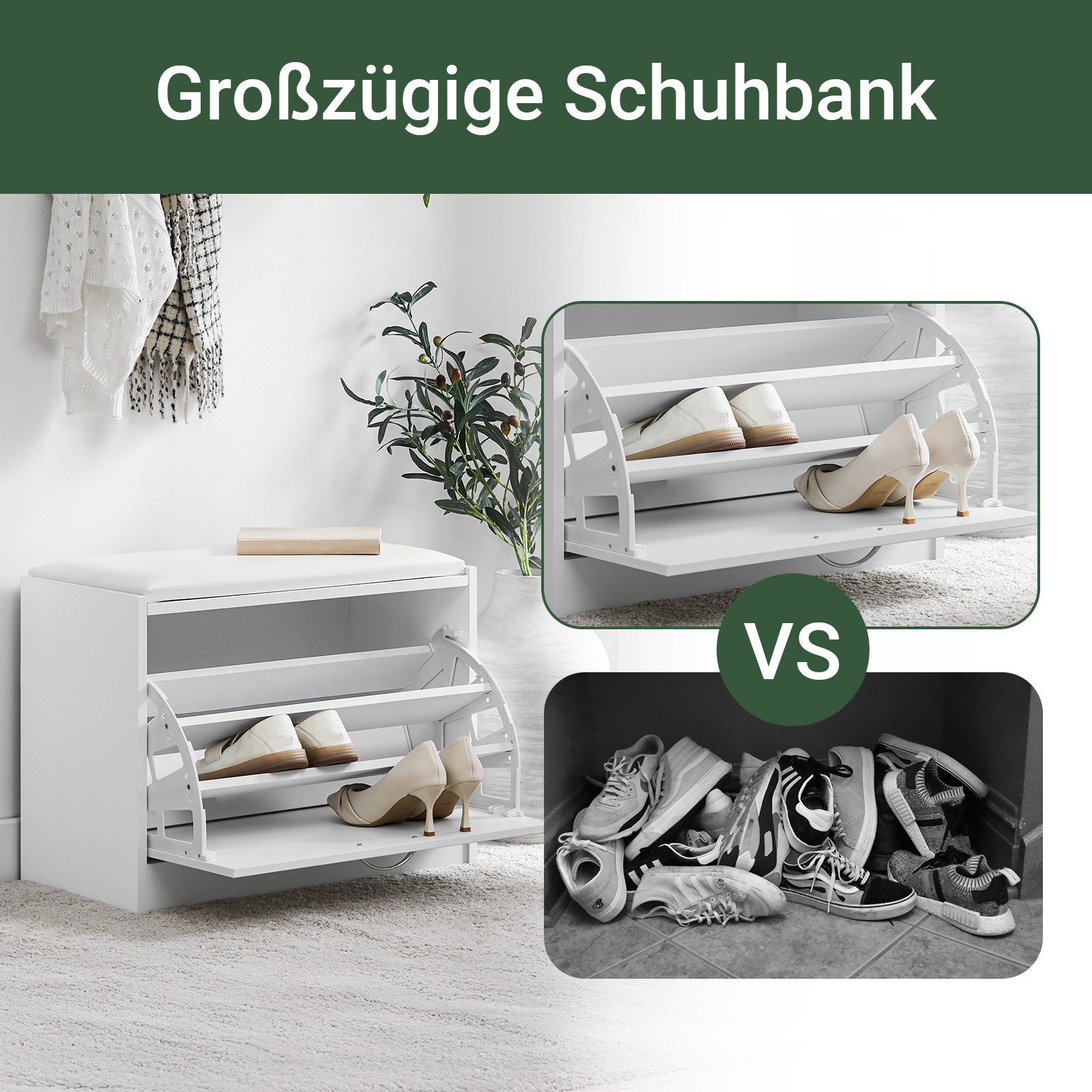 SoBuy Schuhbank FSR16, Schuhorganizer, mit gepolstertem Kissen, für Flur, Eingang, Sitzbank mit Sitzkissen Schuhregal Schuhkipper mit 1 Klappe – Bild 5 von 5