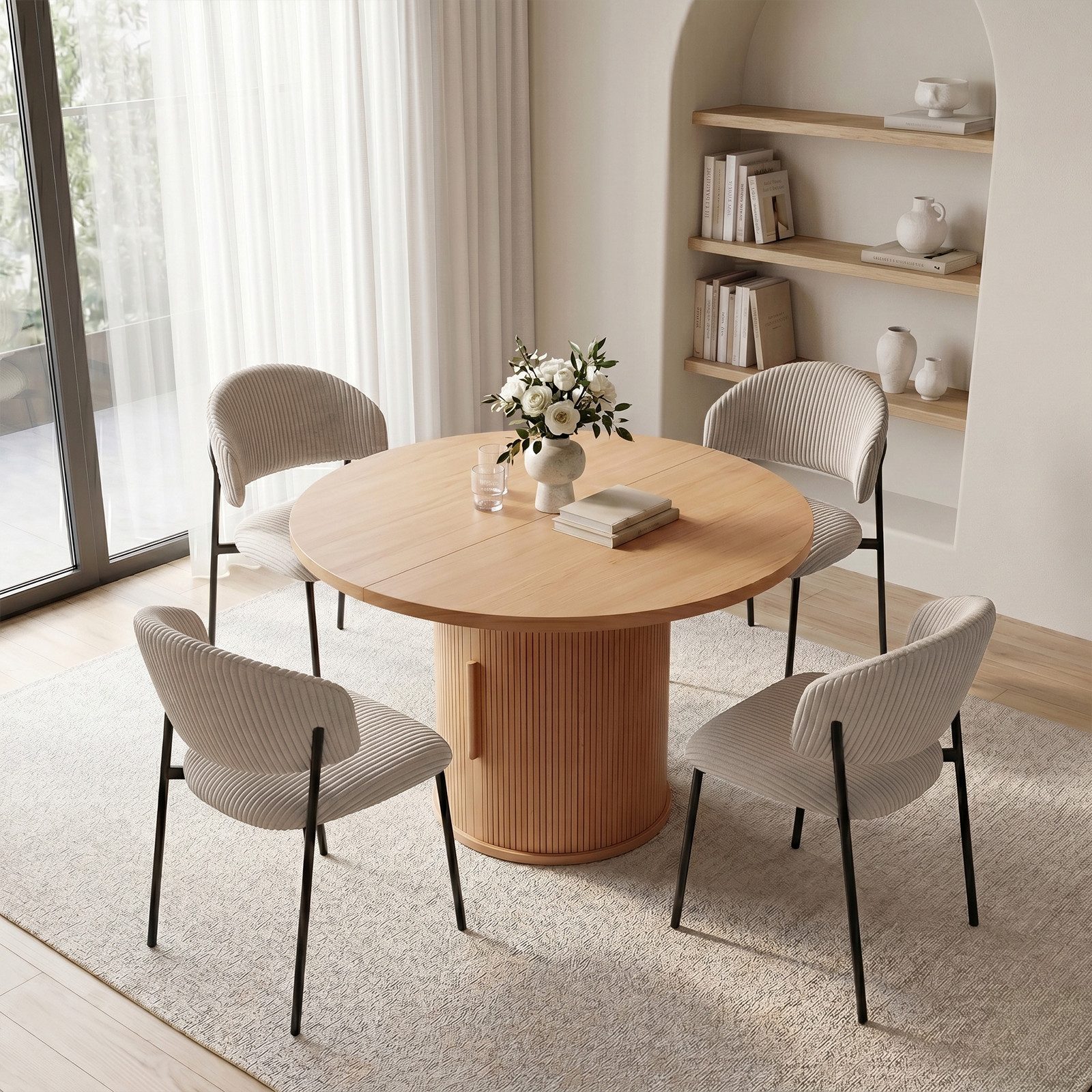 Jiexi Essgruppe Essgruppe rund Ø110cm MDF Eiche mit Stauraum & Cord-Stühlen – Bild 2 von 5