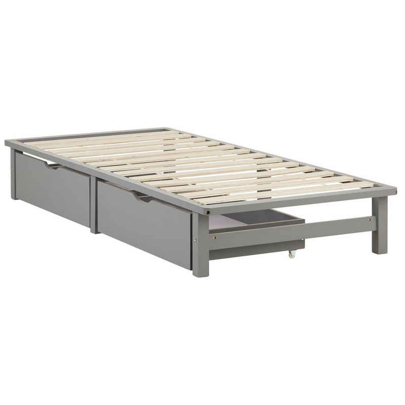 Homestyle4u Holzbett Einzebett 90x200 inkl. Lattenrost und 2xBettkasten Palettenbett Grau