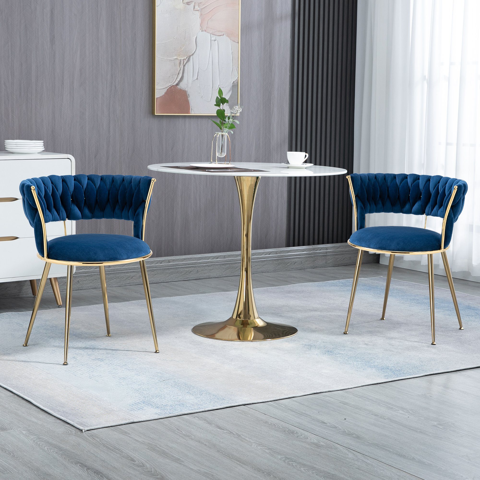 Ulife Polsterstuhl Esszimmerstühle (2 St),Moderne Wohnzimmerstuhl,bis 120 kg (2 St), Bezug aus Samtstoff, mit Metallbeine Blau