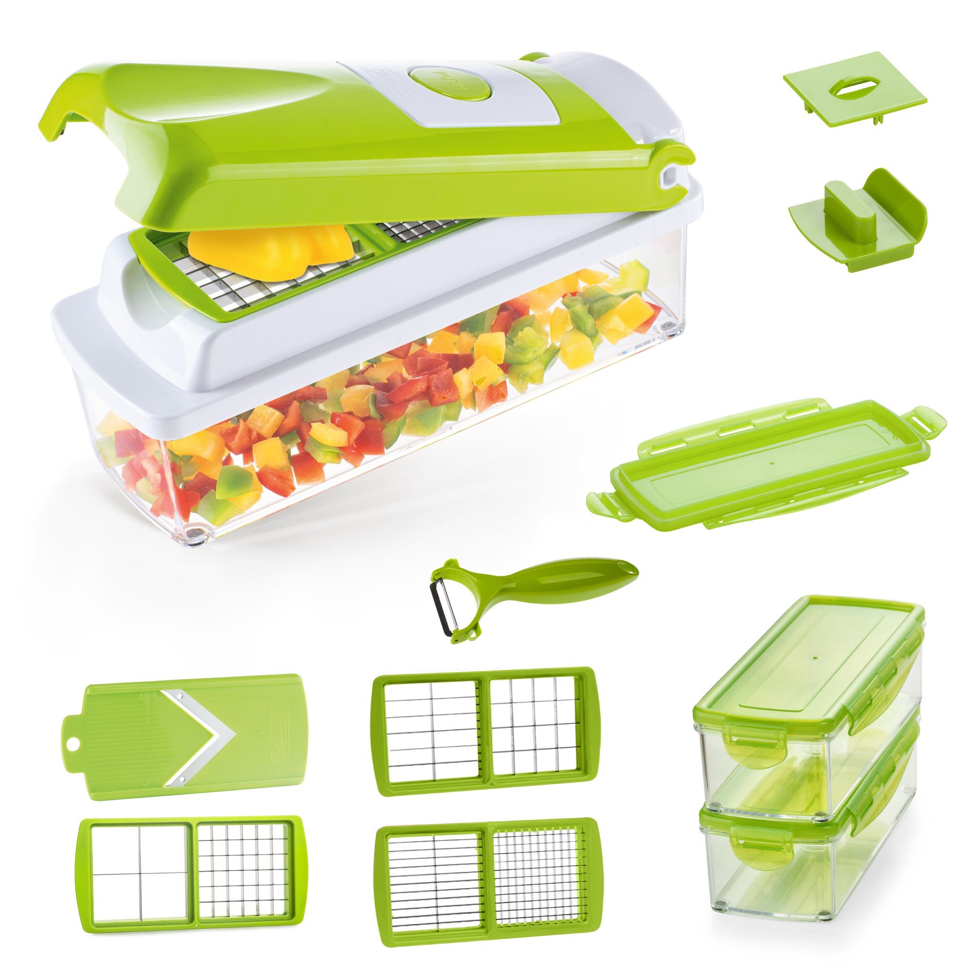 Genius Овощерезка Nicer Dicer Smart 14tlg. Gemüsehobel Würfelschneider, 3 Auffangbehälter mit 800 ml Fassungsvolumen Madoline Salatschneider