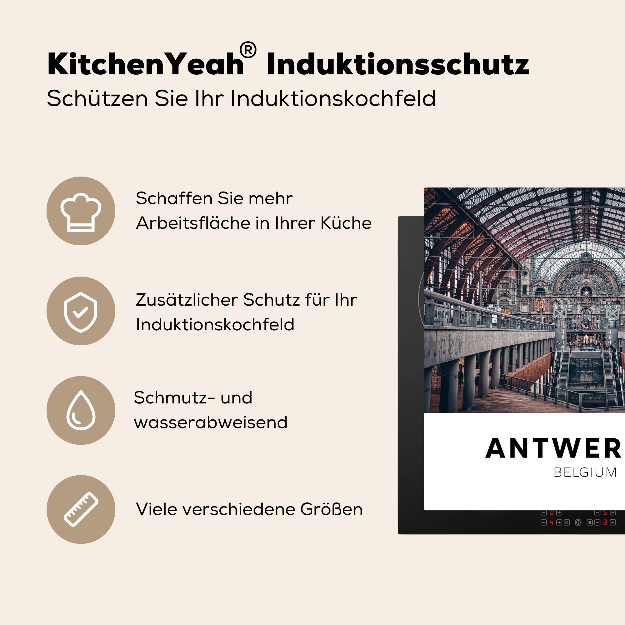 MuchoWow Herdblende-/Abdeckplatte Antwerpen - küche (1 Arbeitsplatte 78x78 - tlg), Belgien Vinyl, Ceranfeldabdeckung, für Bahnhof, cm