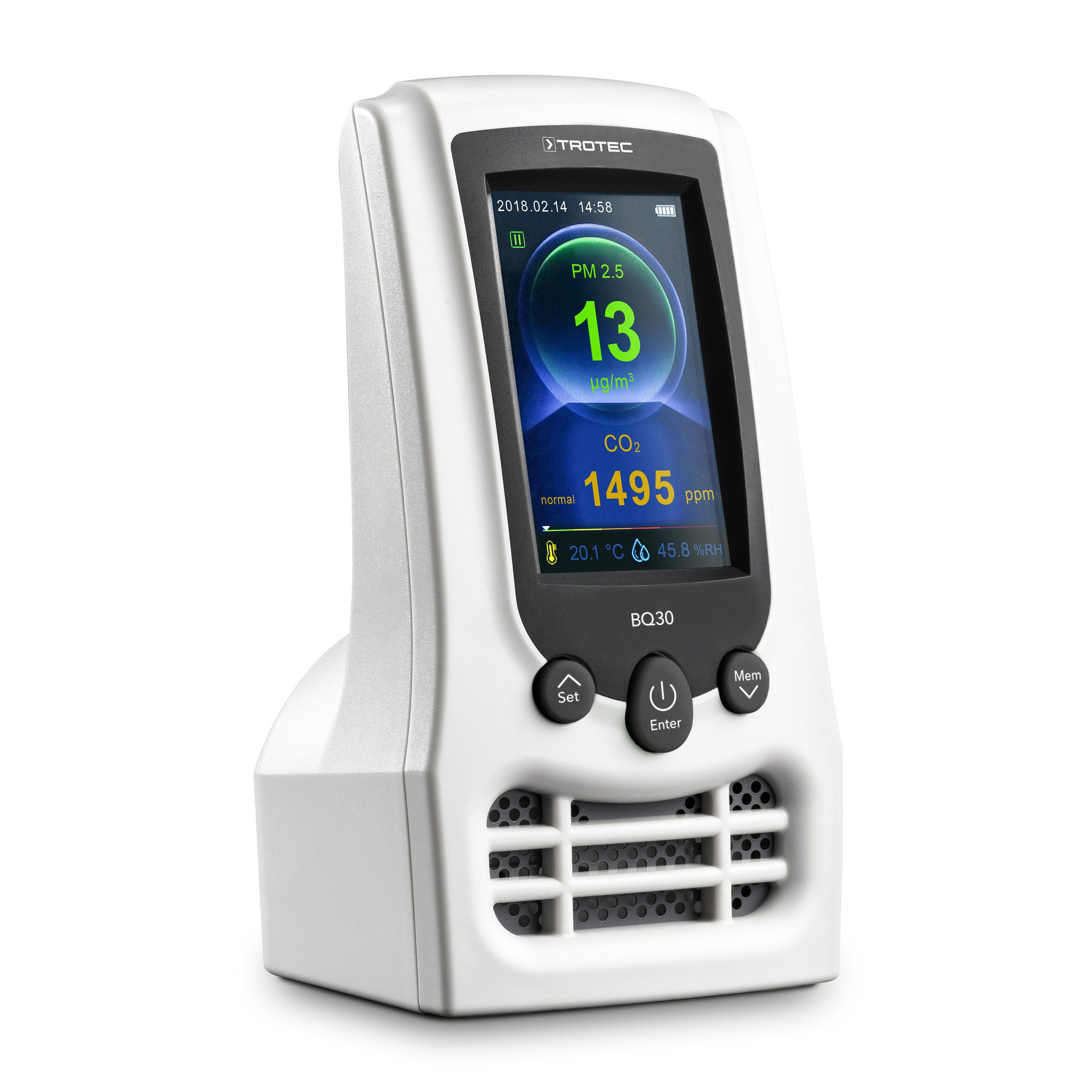 TROTEC Klimamesser CO2-Luftqualitätsmonitor und Partikelmessgerät BQ30, Anzeige von CO2-Belastung, aktueller Raumtemperatur und