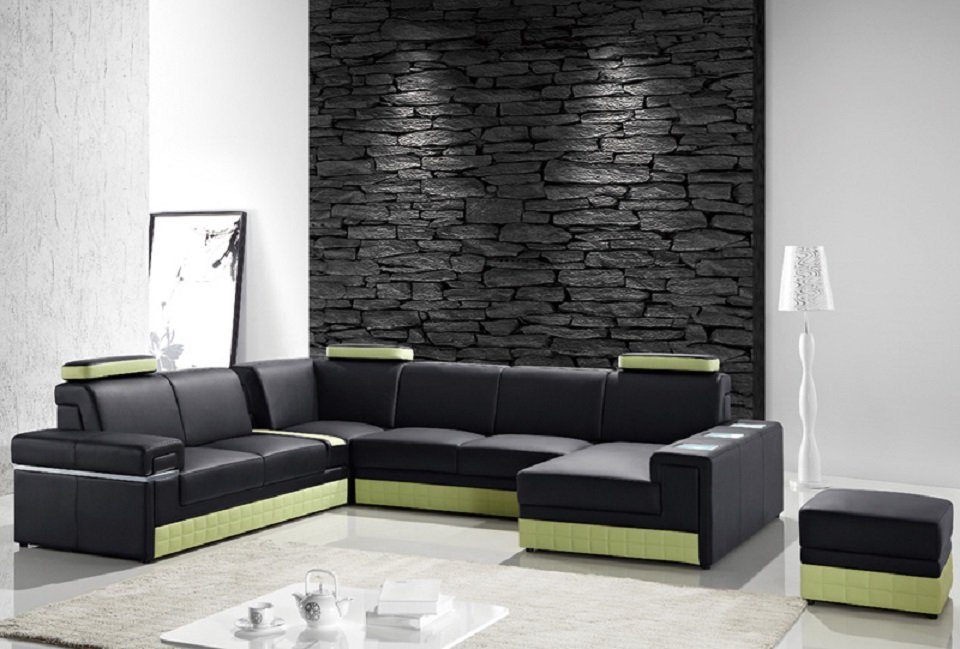 JVmoebel Ecksofa Ledersofa Couch Sofa Sofa U-Form Eck Weißes Modern mit Beleuchtet, Design Sofa Beleuchtung Ecksofa Schwarz/Grün