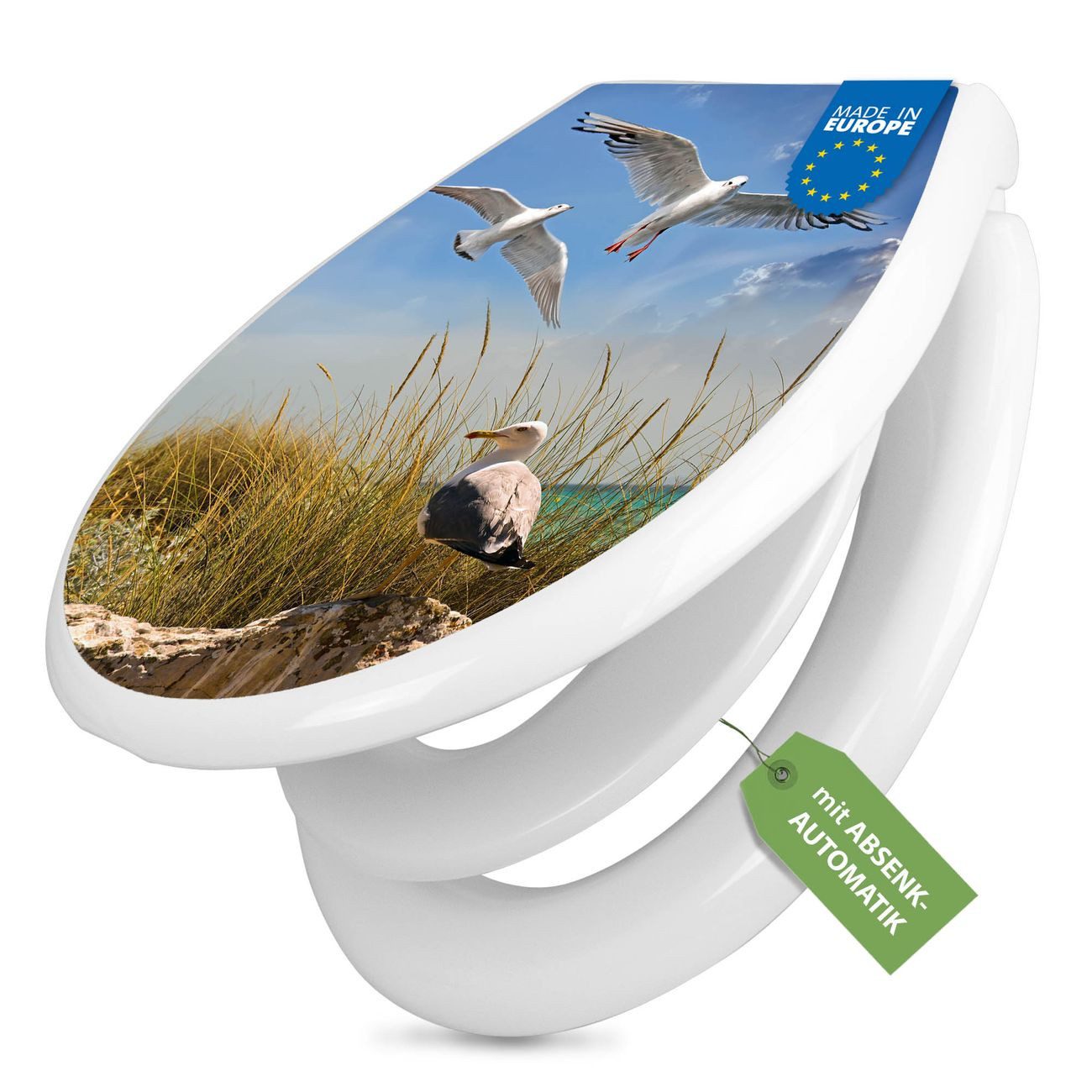 banjado WC-Sitz mit Kindersitz Motiv Möwen (mit Kindersitz, integrierte Scharniere), 44,9 x 37,1 x 5 cm