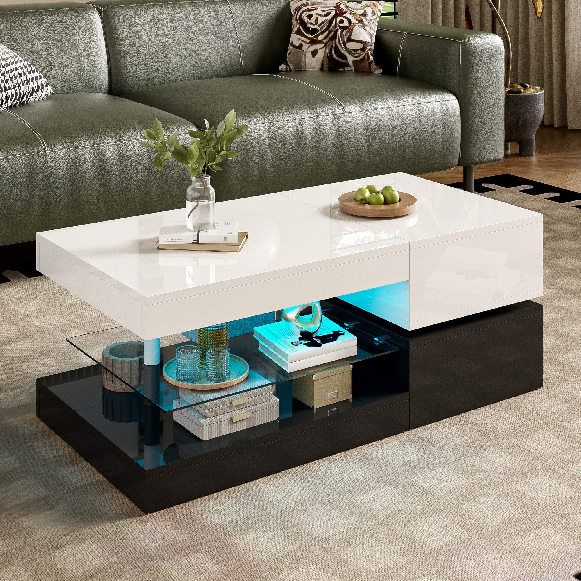 Merax Couchtisch Beistelltisch mit LED-Beleuchtung und APP- & Bluetooth-Steuerung (Schwarz-Weiß-Design, 90 L x 45 B x 35,5 H (cm), 1-St), Sofatisch Wohnzimmerti – Bild 3 von 5