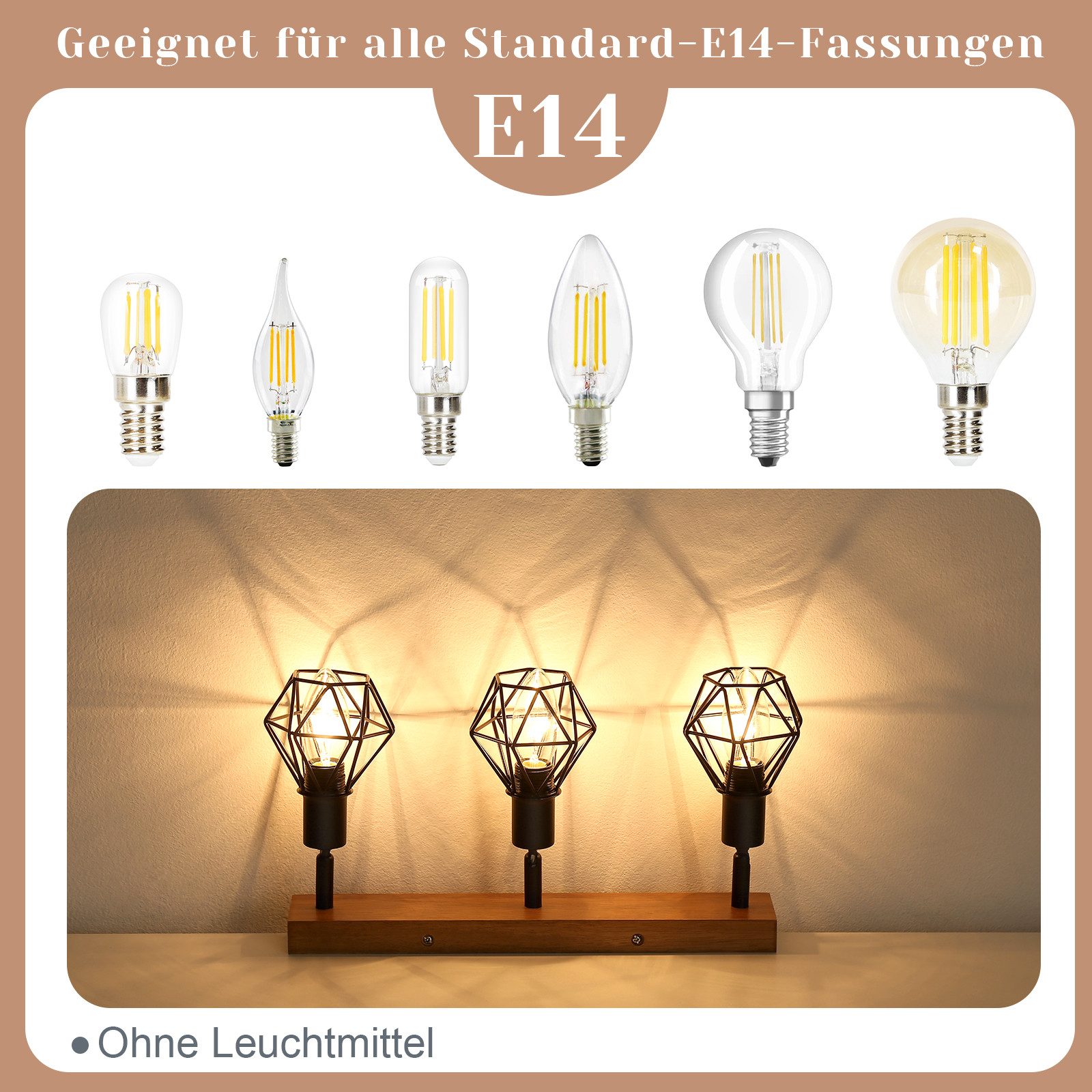 ZMH Deckenleuchten Schwarz Deckenspot - E14 Vintage Schwenkbar 350° für Flur Wohnzimmer, Augenschutz, LED wechselbar, Holz Deckenlampe, Schlafzimmer Küche – Bild 5 von 5