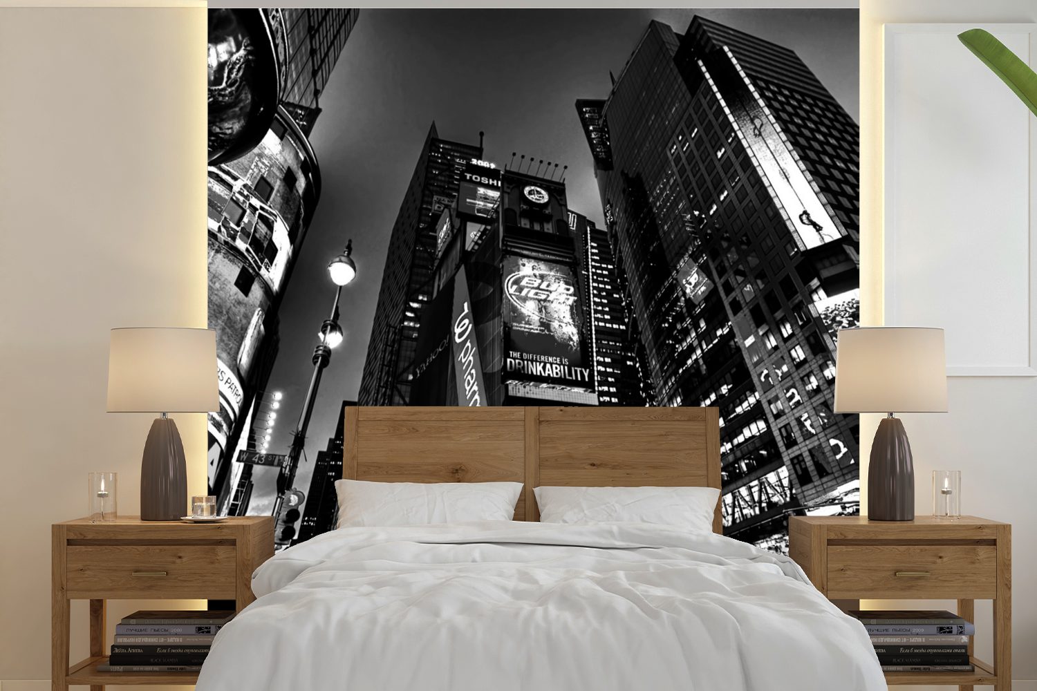MuchoWow Fototapete Times Square am Abend - schwarz und weiß, Matt, bedruckt, (5 St), Vinyl Tapete für Wohnzimmer oder Schlafzimmer, Wandtapete